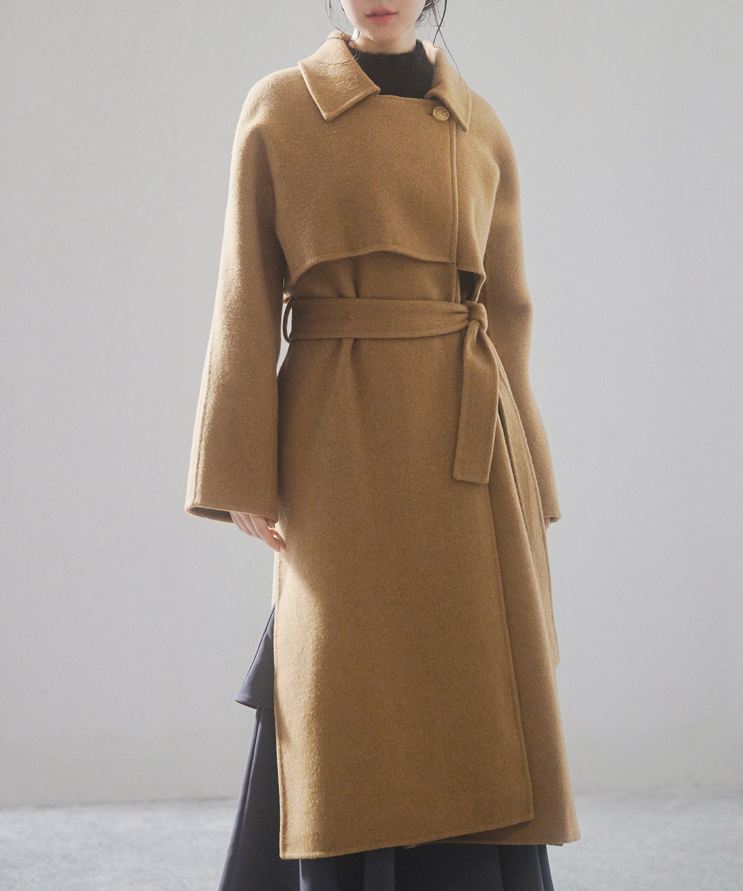 ウール混ベルト付きヨークデザインコートsdpsy001 ブラウン