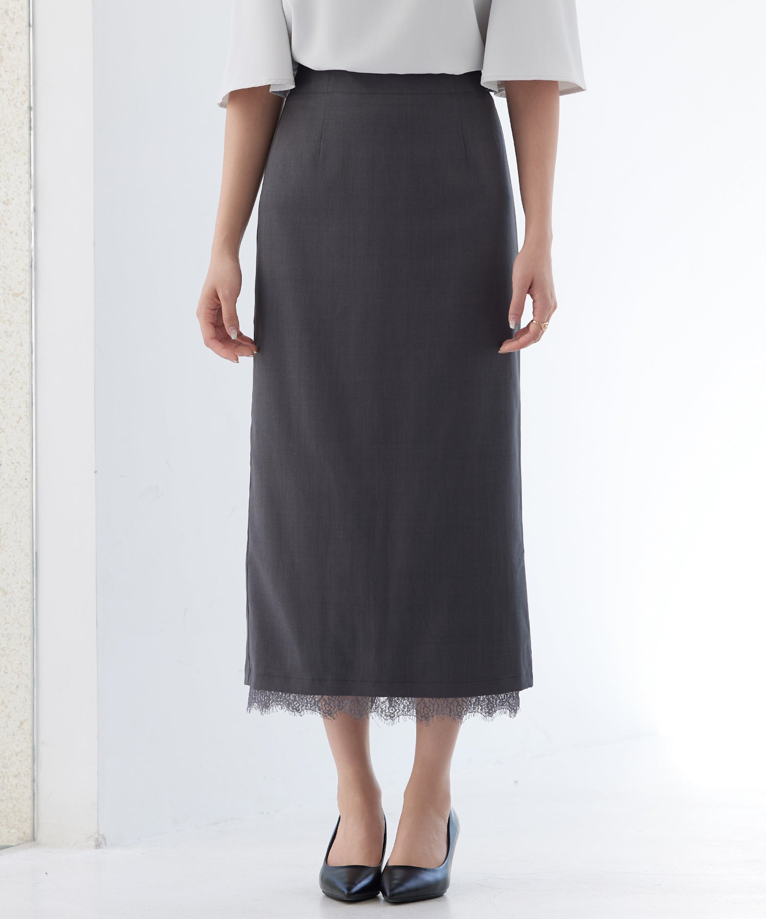 裾レースハイウエストナロースカートsdpsy004 チャコール