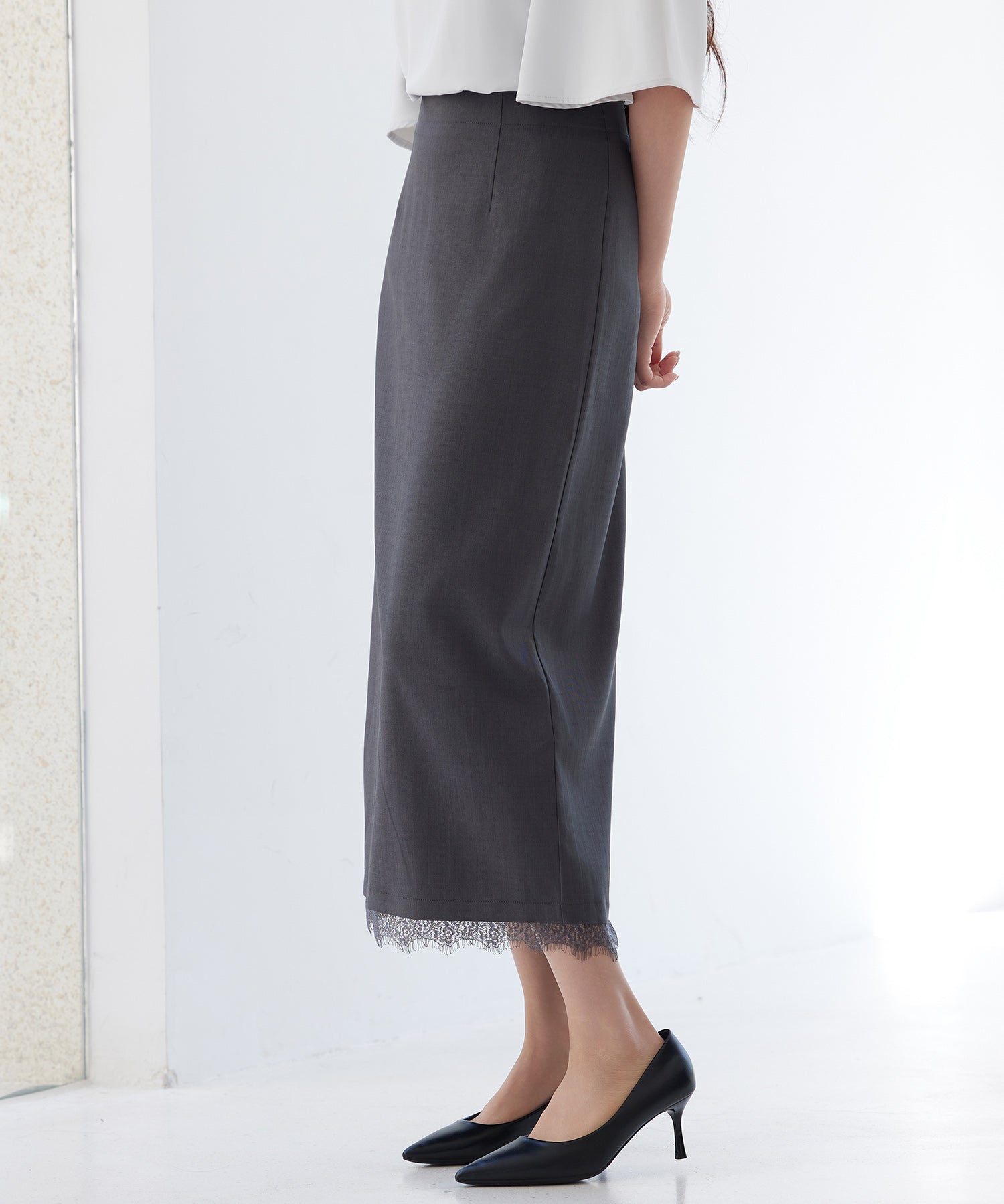 裾レースハイウエストナロースカートsdpsy004 チャコール