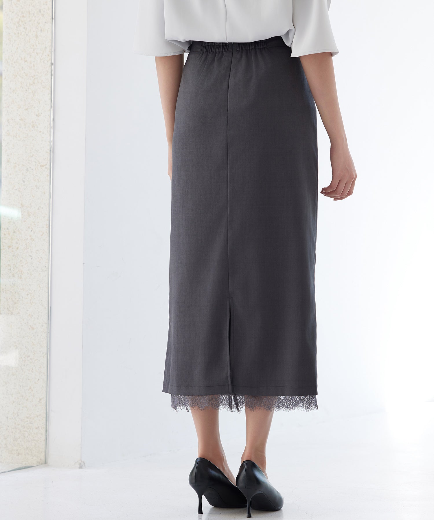 裾レースハイウエストナロースカートsdpsy004 チャコール