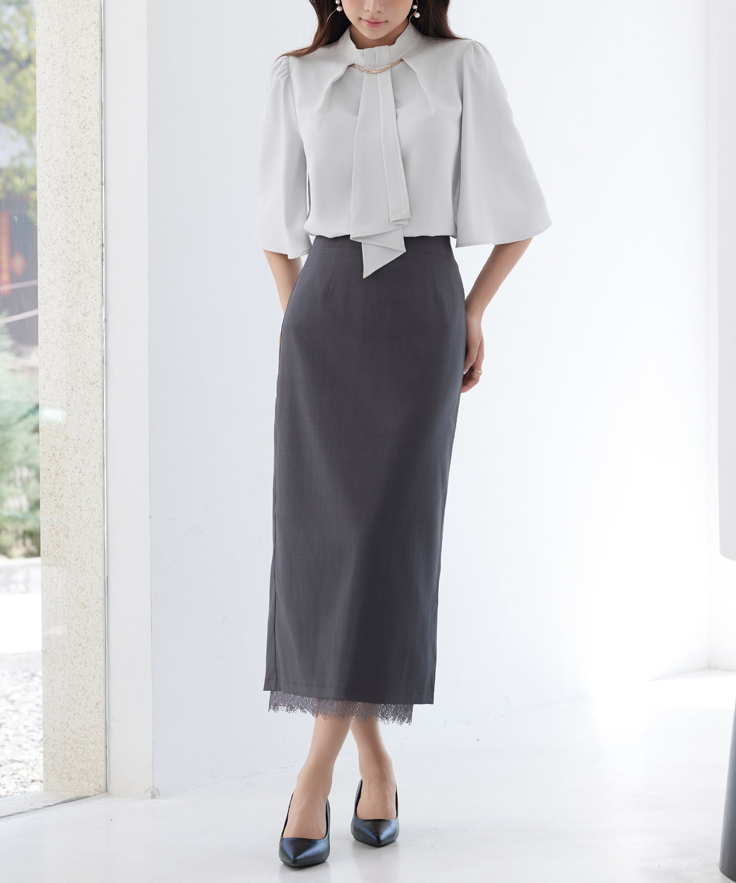 裾レースハイウエストナロースカートsdpsy004 チャコール