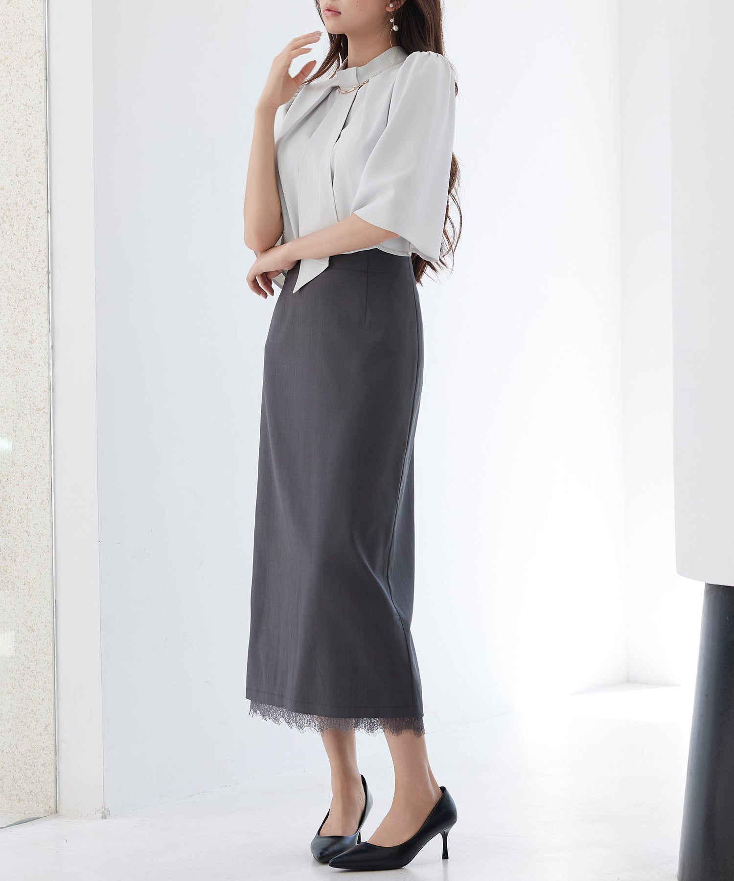 裾レースハイウエストナロースカートsdpsy004 チャコール