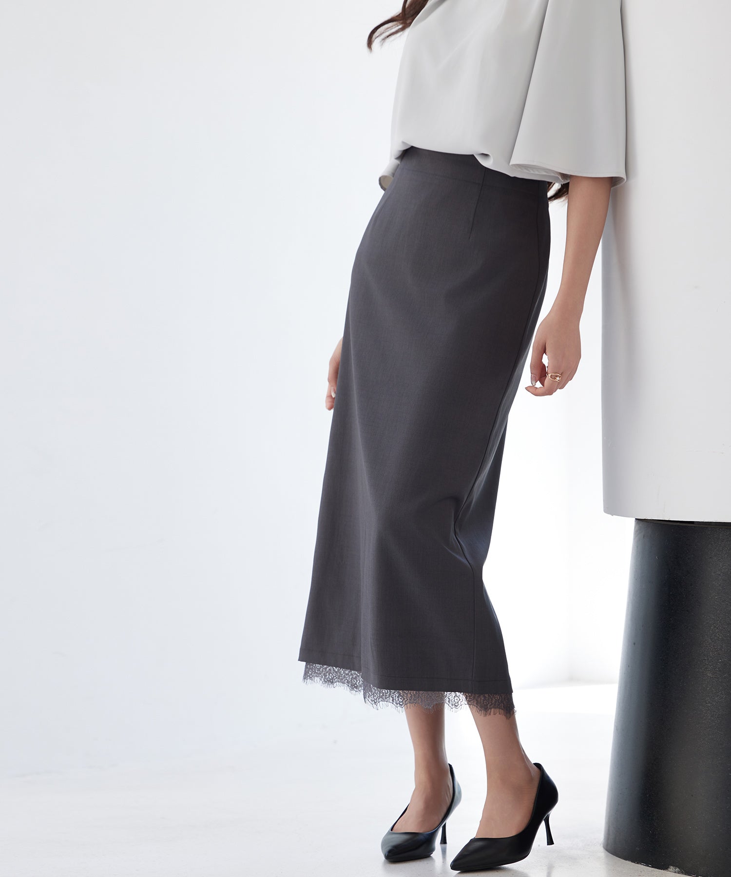 裾レースハイウエストナロースカートsdpsy004 チャコール