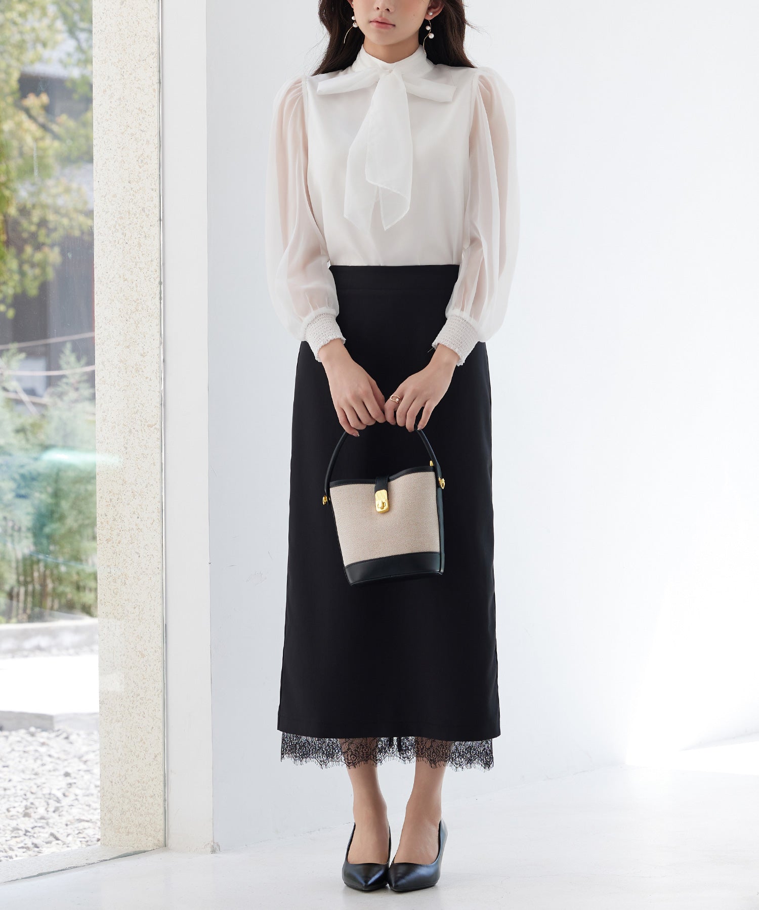 裾レースハイウエストナロースカートsdpsy004 ブラック