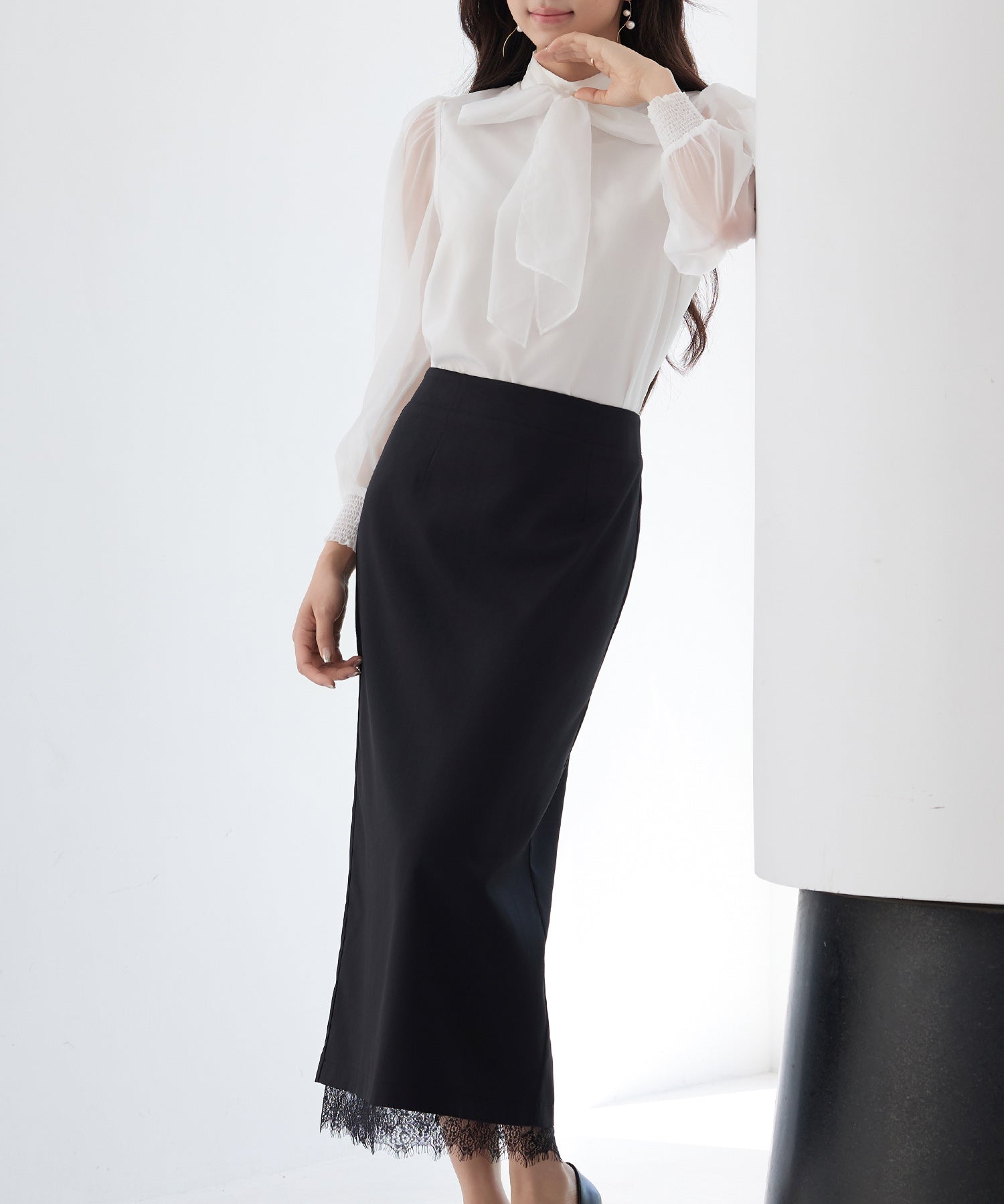 裾レースハイウエストナロースカートsdpsy004 ブラック