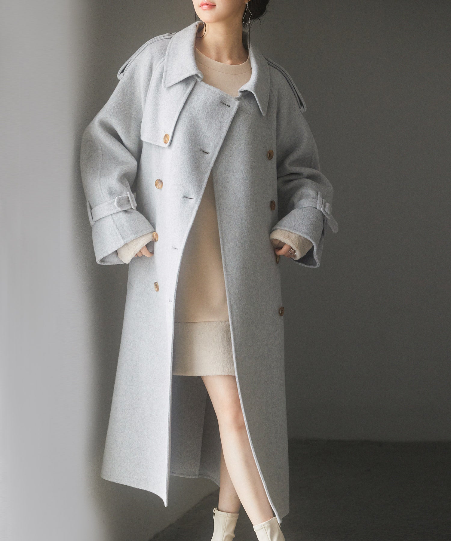 トレンチ風ダブルフェイスロングコートsdpsy0504 グレー