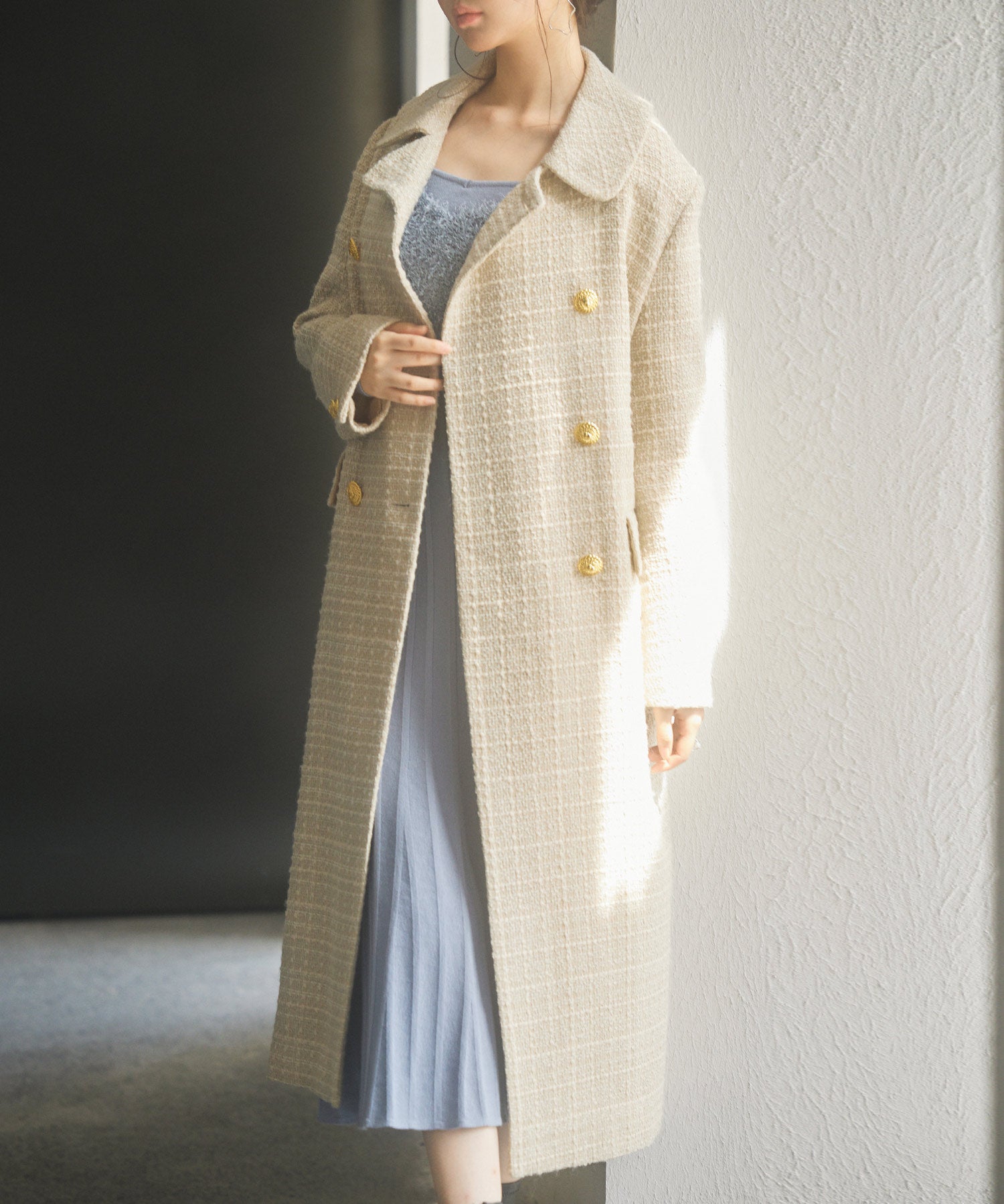 ゴールドボタンロング丈ツイードコートsdpsy0604 ベージュ