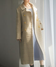 ゴールドボタンロング丈ツイードコートsdpsy0604 ベージュ