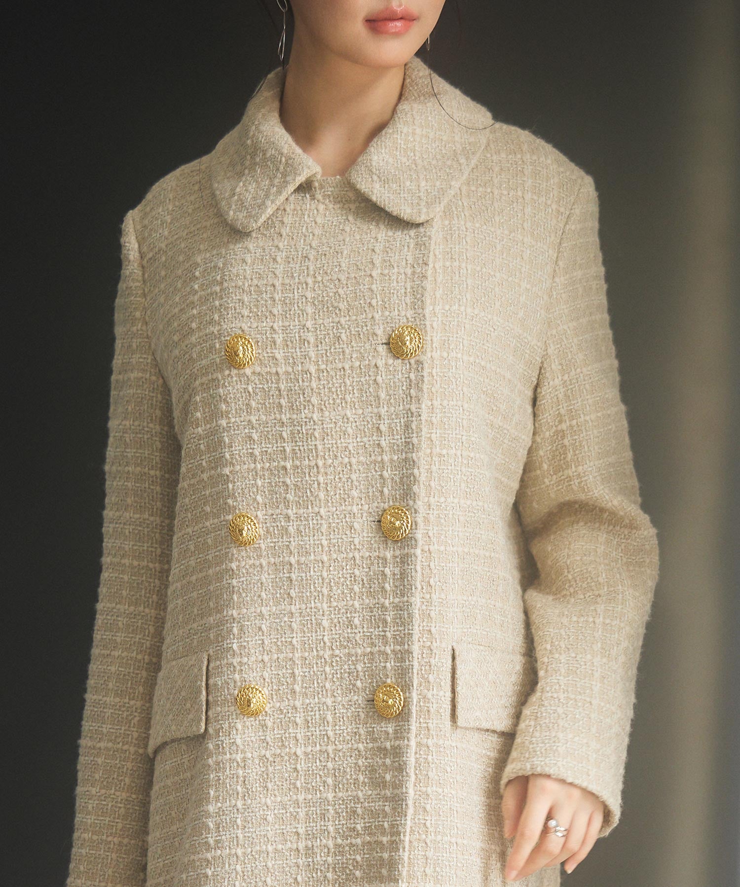 ゴールドボタンロング丈ツイードコートsdpsy0604 ベージュ