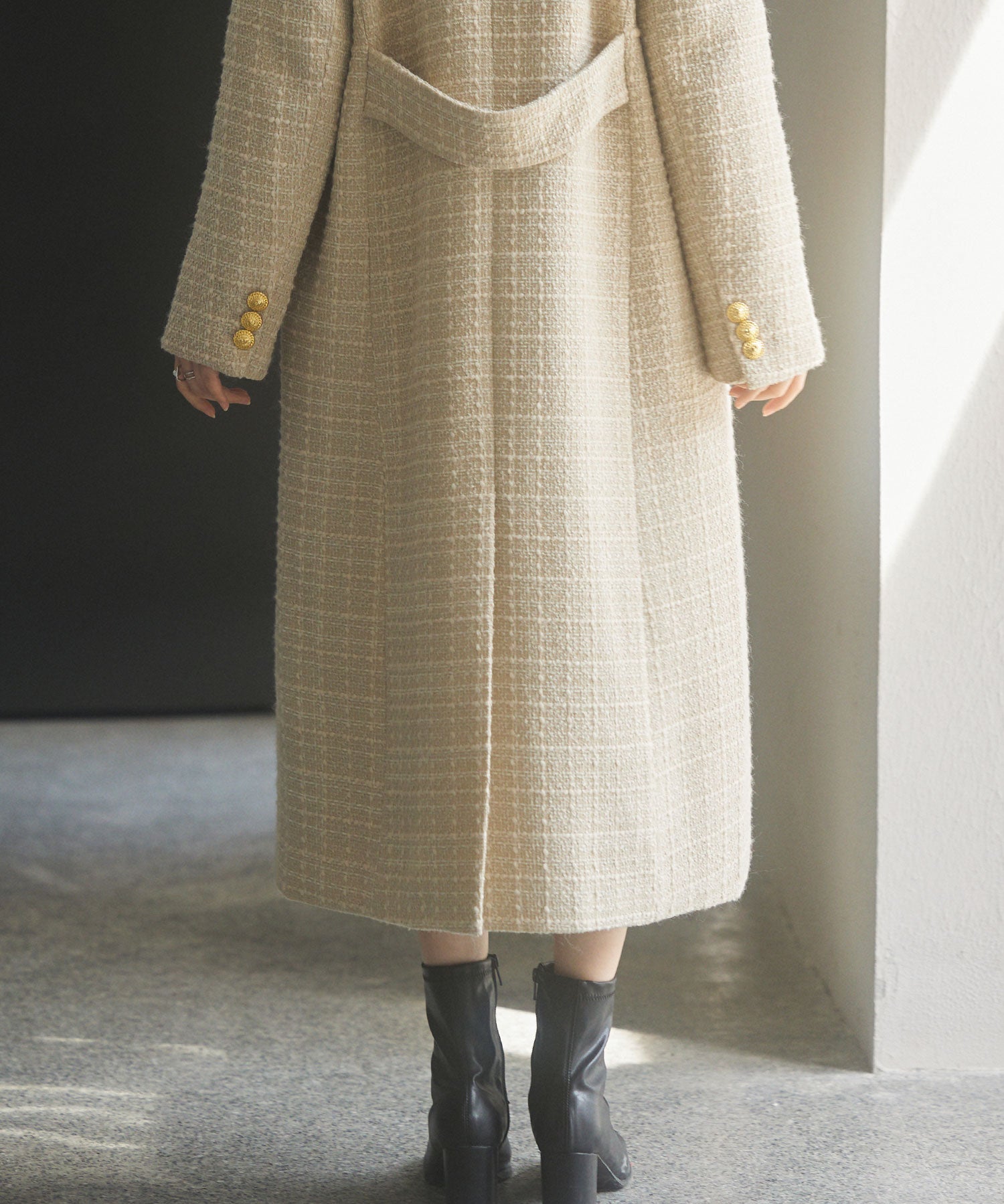 ゴールドボタンロング丈ツイードコートsdpsy0604 ベージュ