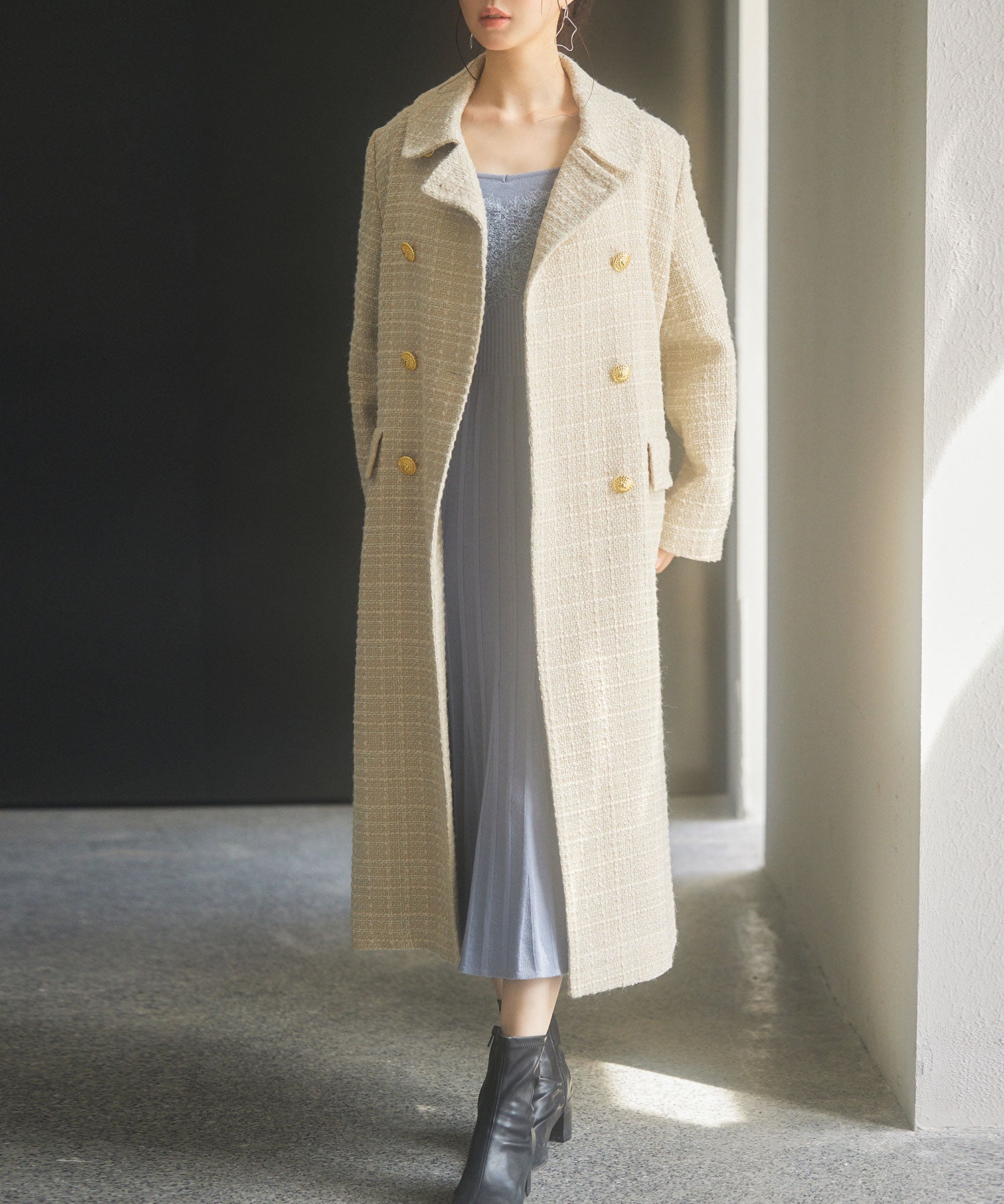 ゴールドボタンロング丈ツイードコートsdpsy0604 ベージュ
