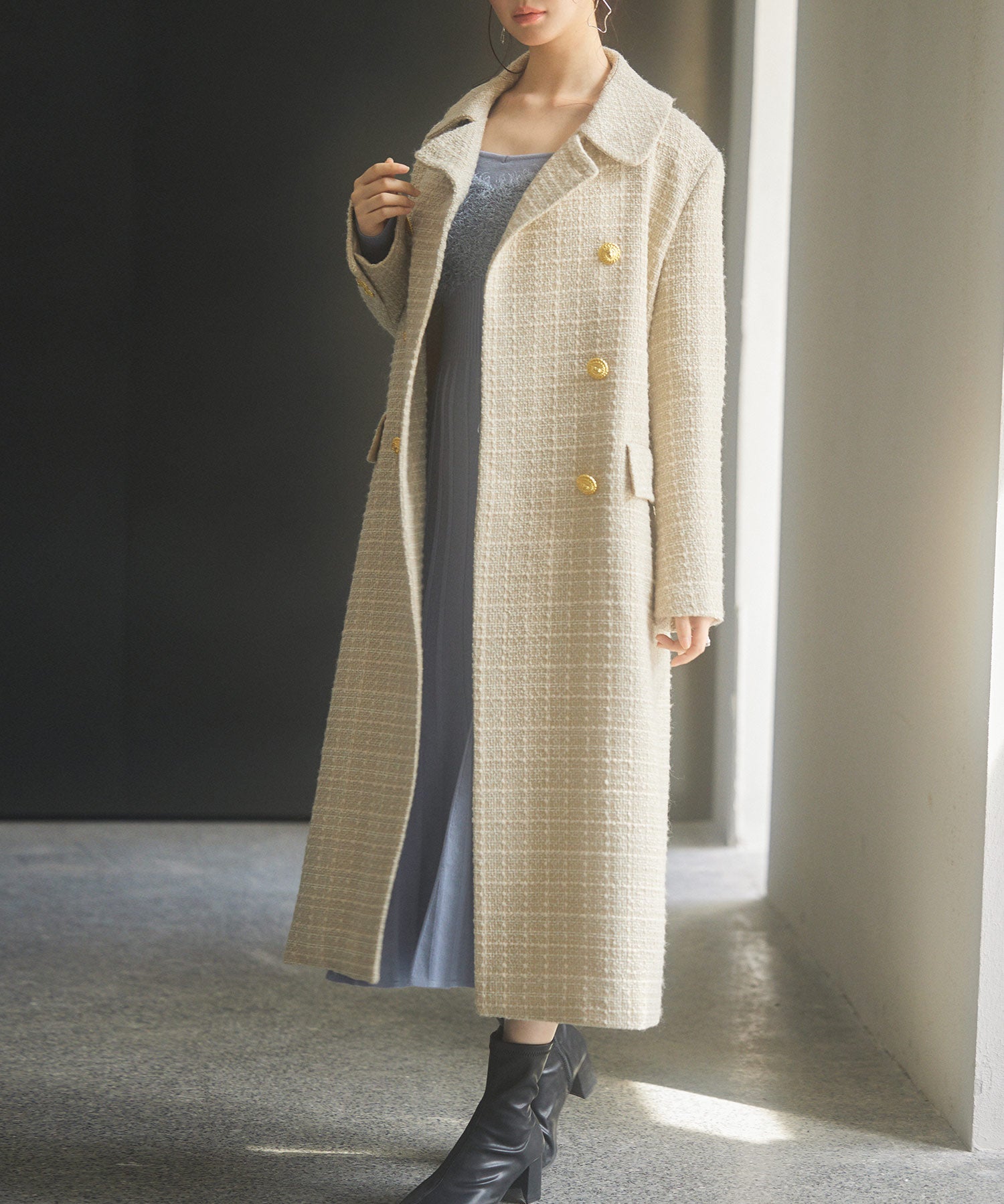 ゴールドボタンロング丈ツイードコートsdpsy0604 ベージュ