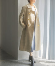 ゴールドボタンロング丈ツイードコートsdpsy0604 ベージュ