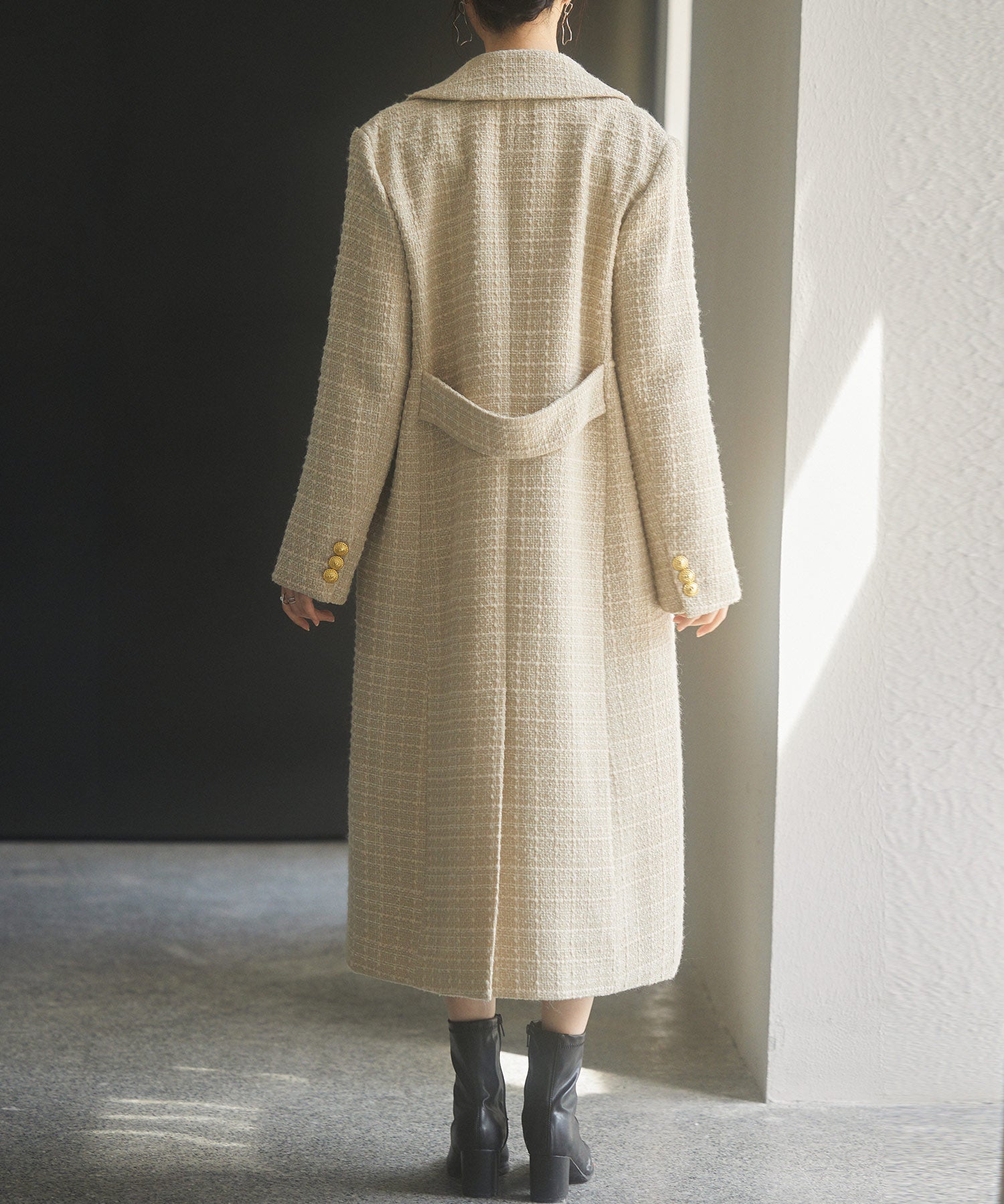 ゴールドボタンロング丈ツイードコートsdpsy0604 ベージュ
