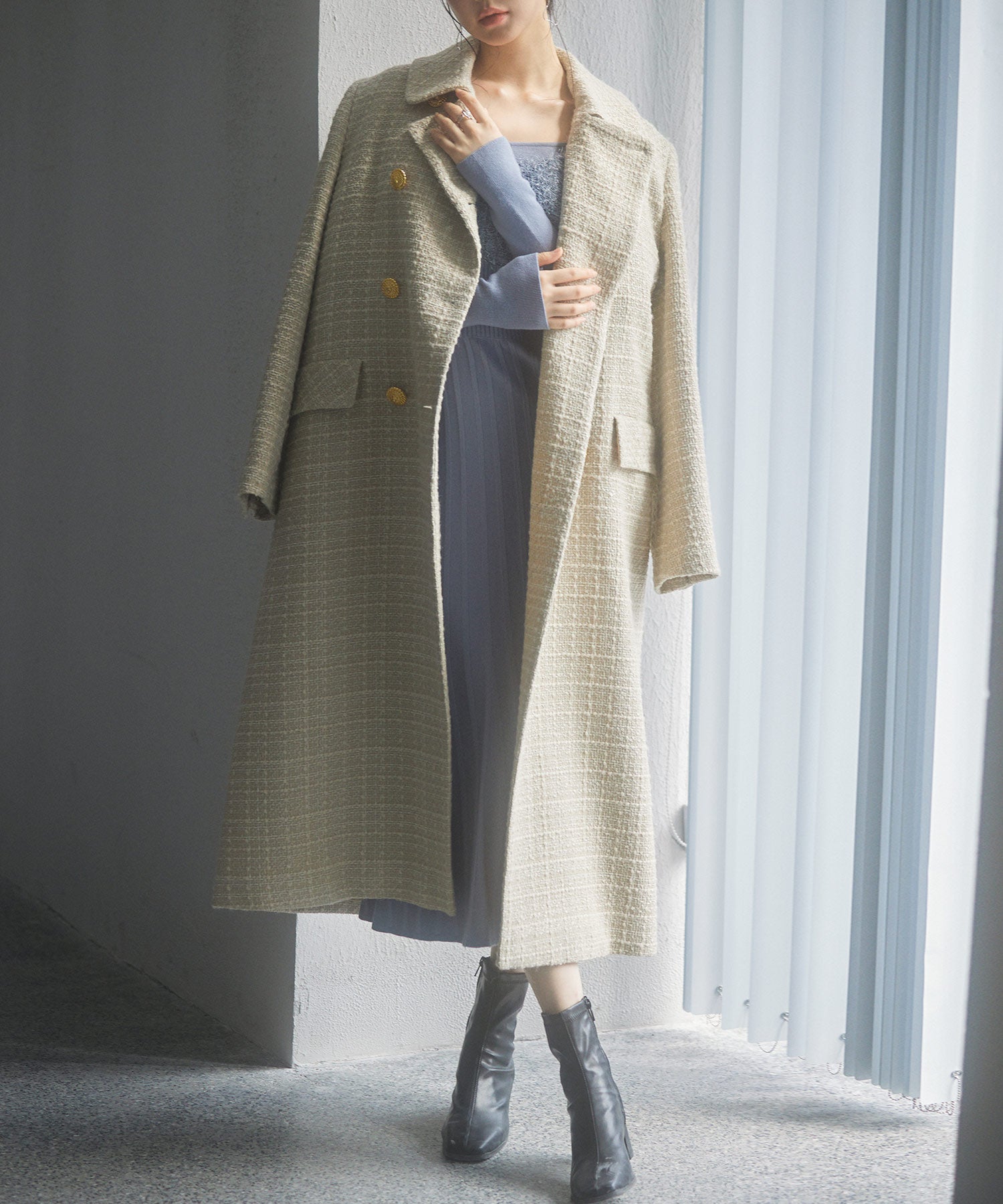 ゴールドボタンロング丈ツイードコートsdpsy0604 ベージュ