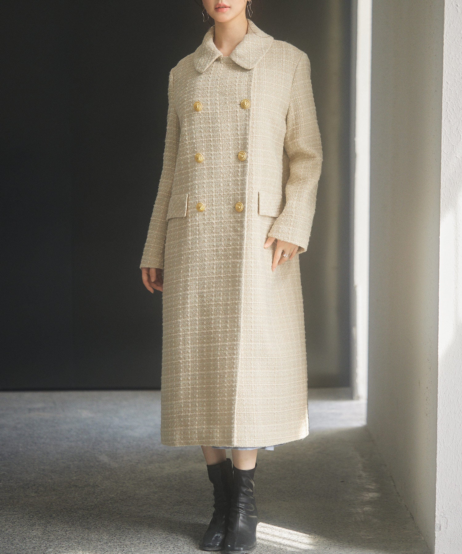 ゴールドボタンロング丈ツイードコートsdpsy0604 ベージュ