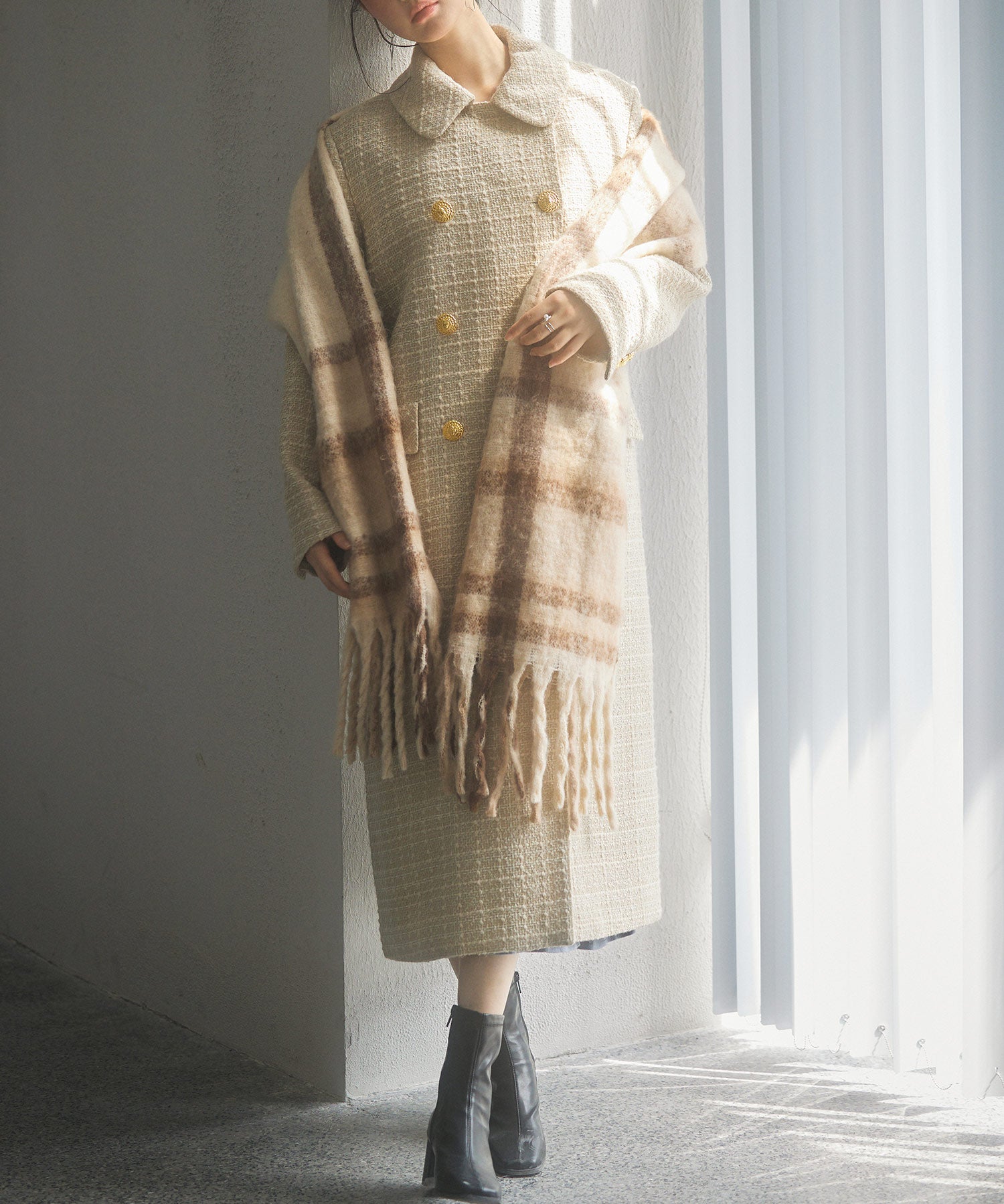 ゴールドボタンロング丈ツイードコートsdpsy0604 ベージュ