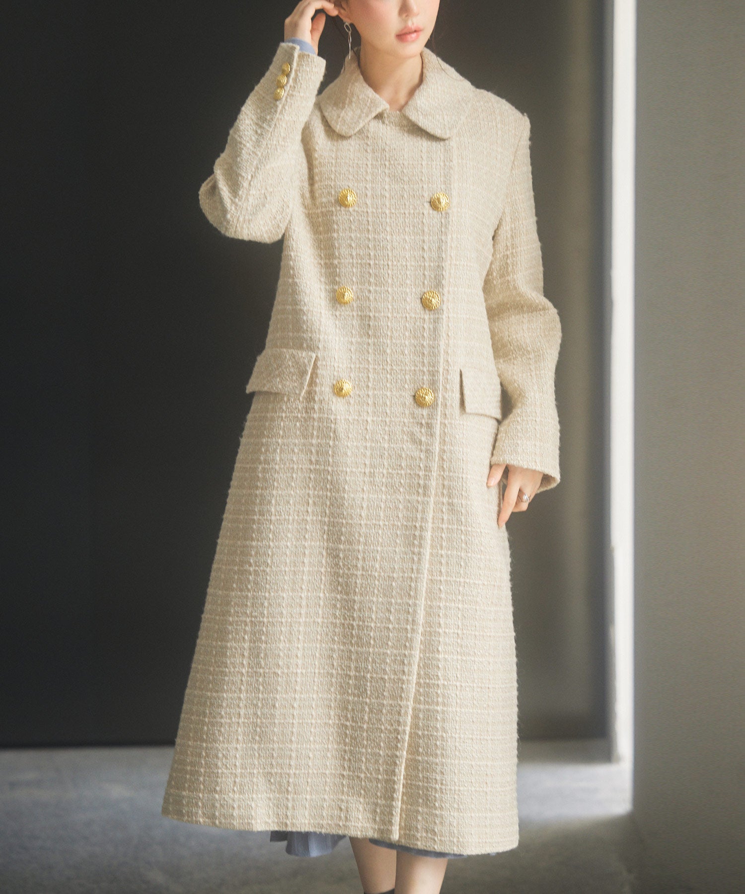 ゴールドボタンロング丈ツイードコートsdpsy0604 ベージュ