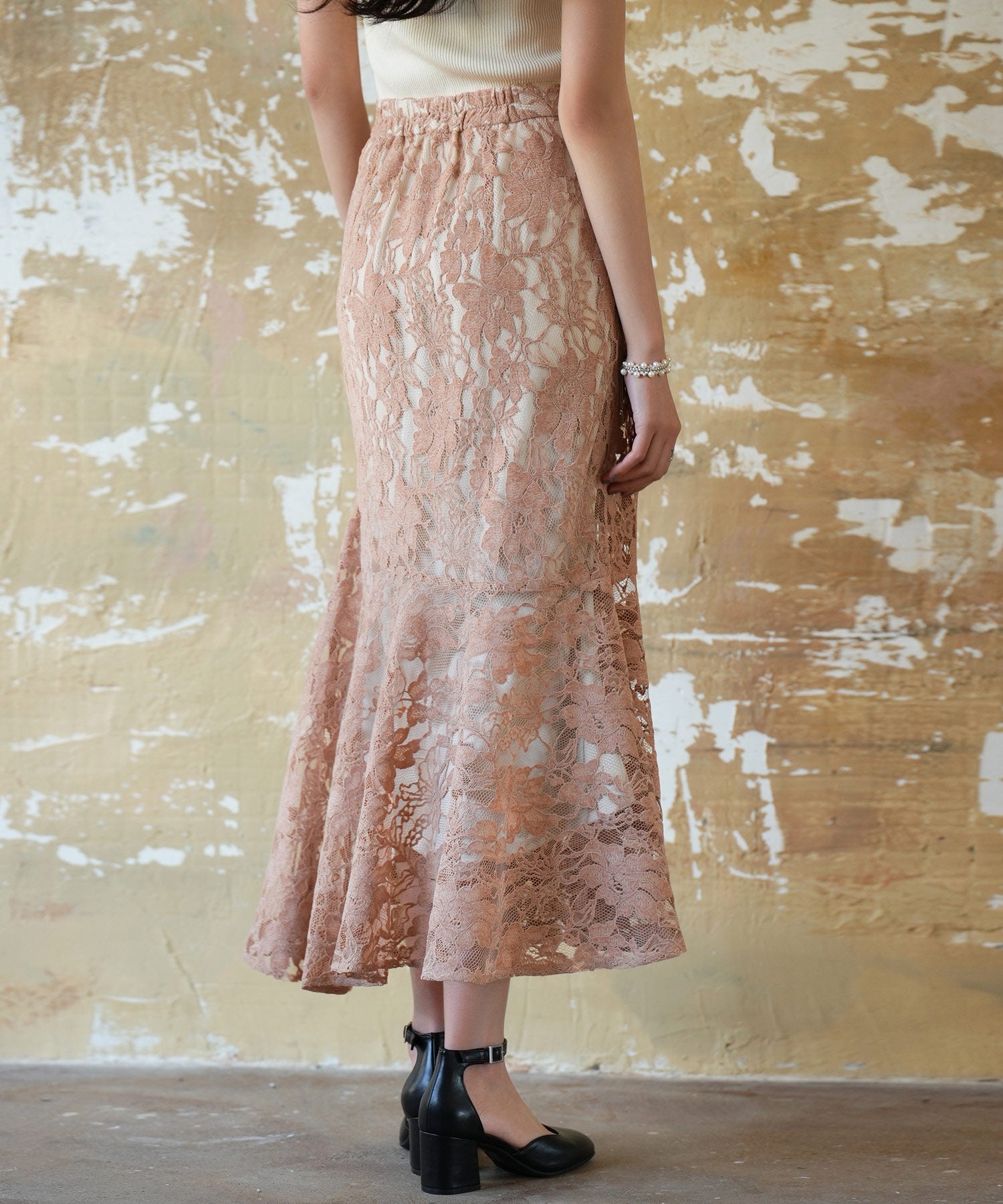 総レースアシンメトリーマーメイドスカートsdpwh101 ピンクベージュ