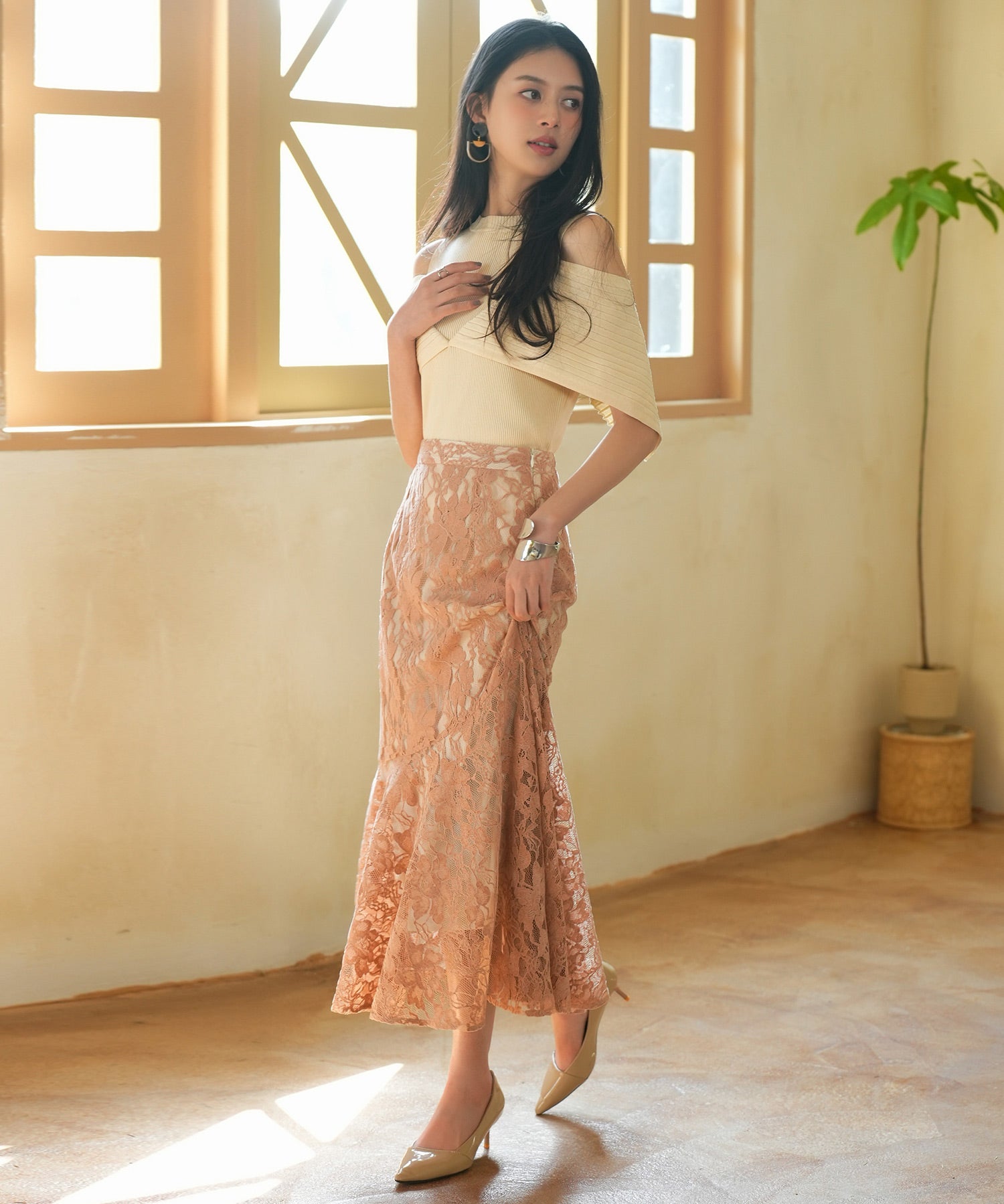 総レースアシンメトリーマーメイドスカートsdpwh101 ピンクベージュ