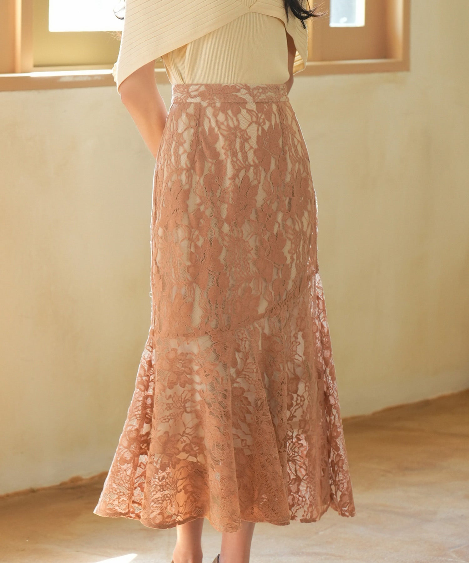 総レースアシンメトリーマーメイドスカートsdpwh101 ピンクベージュ