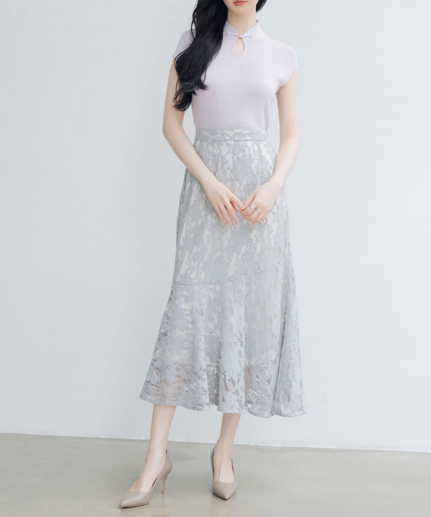 総レースアシンメトリーマーメイドスカートsdpwh101 ブルー