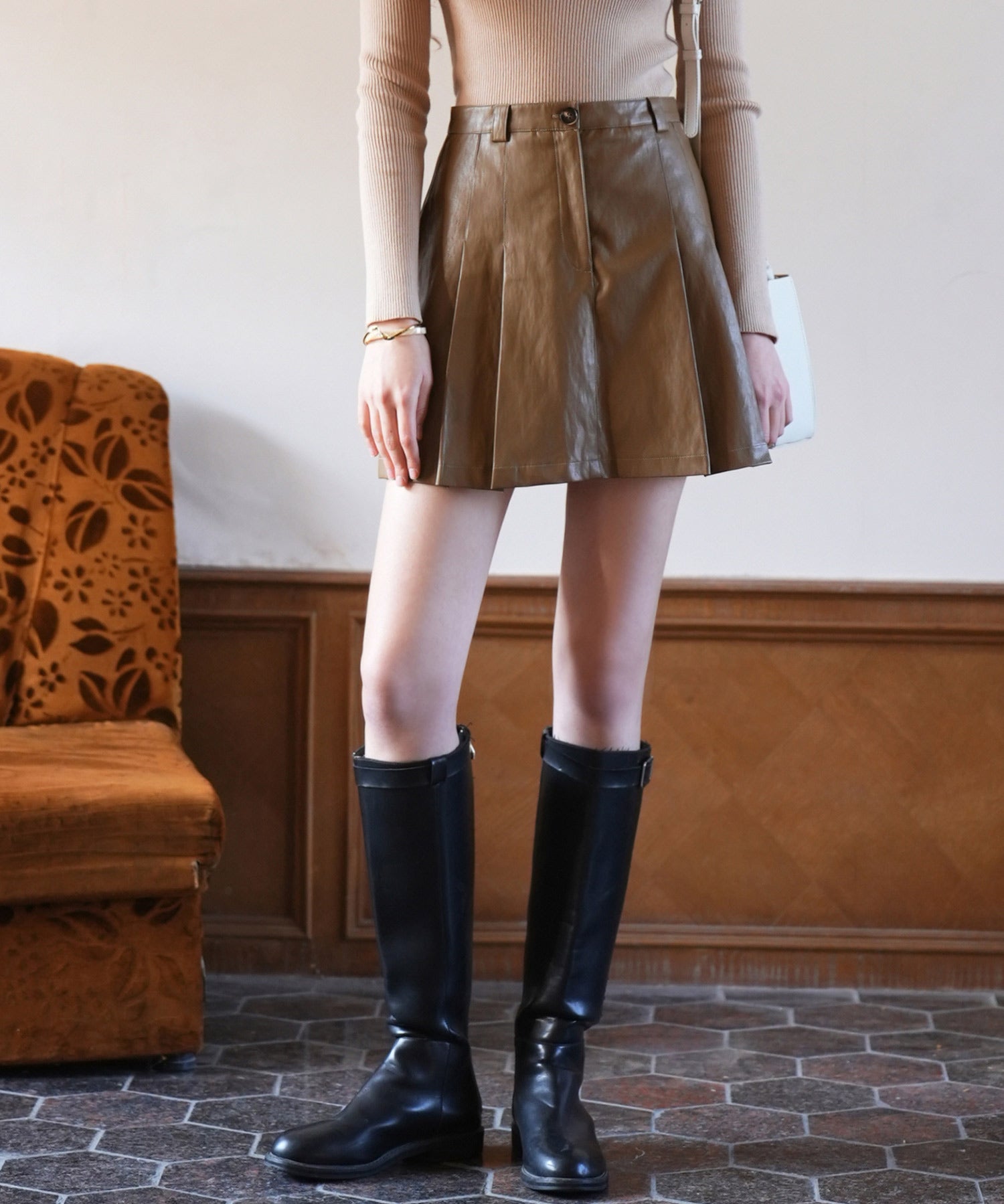ペチパン付きフェイクレザーミニ丈スカートsdpxsj80813 ブラウン