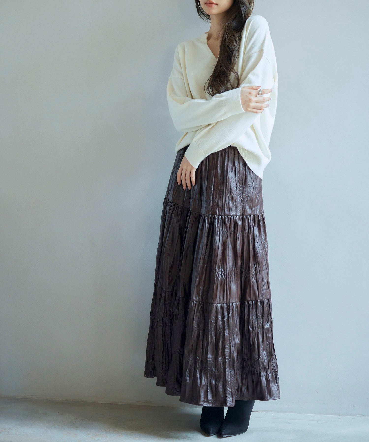 シワ加工合成皮革ロングスカートsdpxsj9901 ブラウン