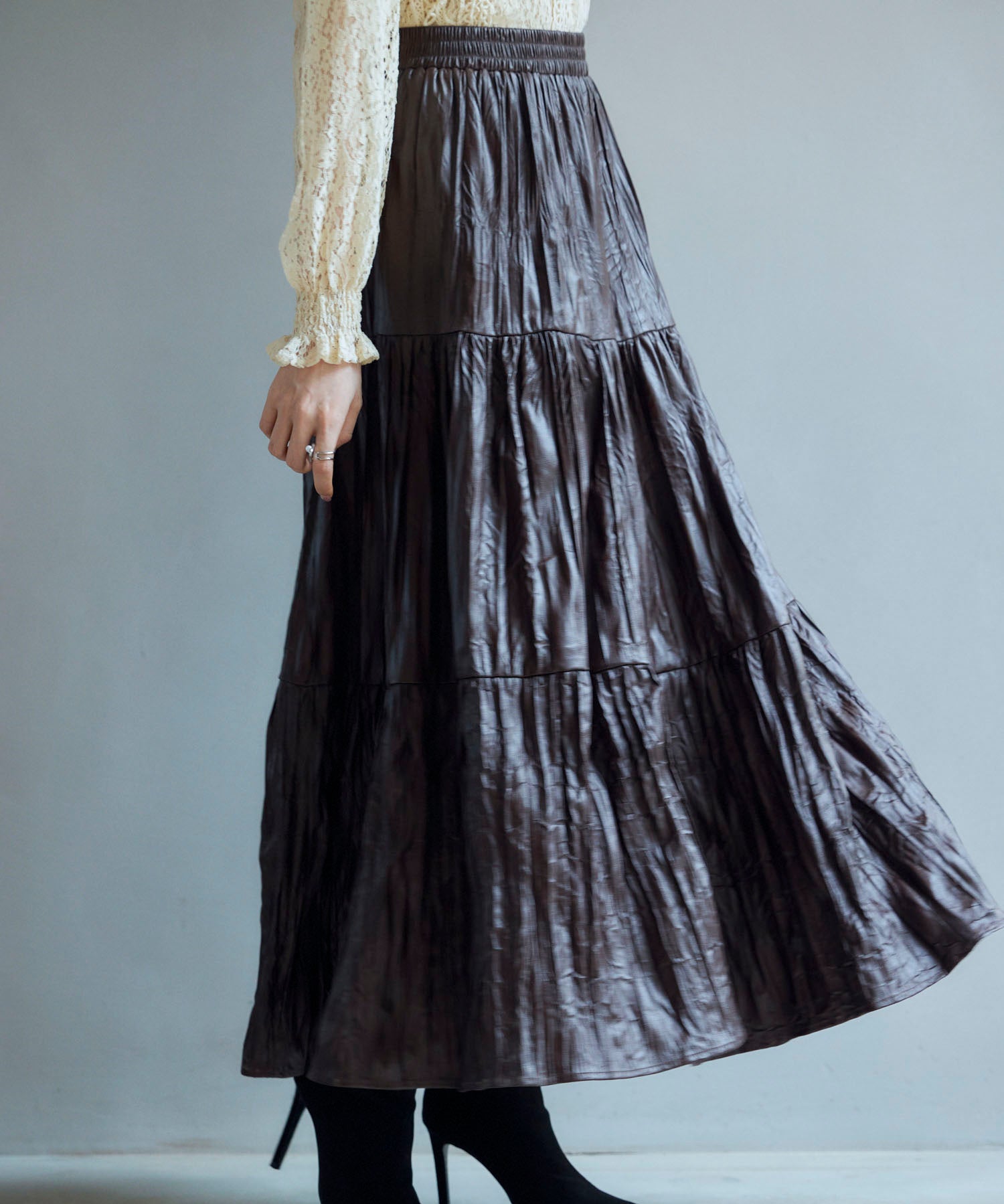 シワ加工合成皮革ロングスカートsdpxsj9901 ブラウン