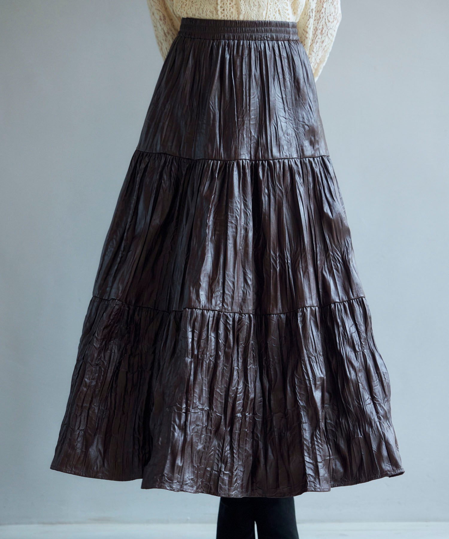 シワ加工合成皮革ロングスカートsdpxsj9901 ブラウン