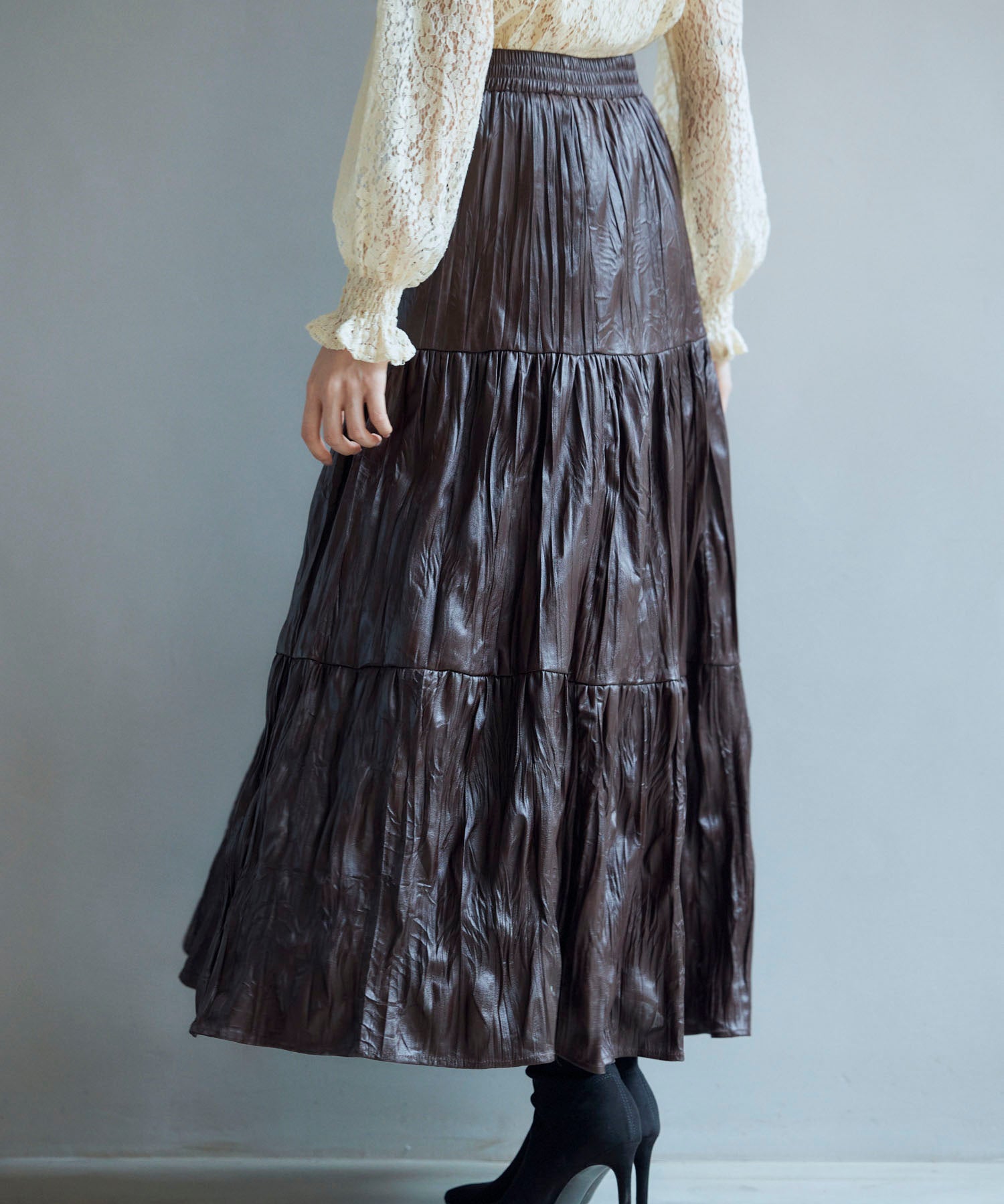 シワ加工合成皮革ロングスカートsdpxsj9901 ブラウン