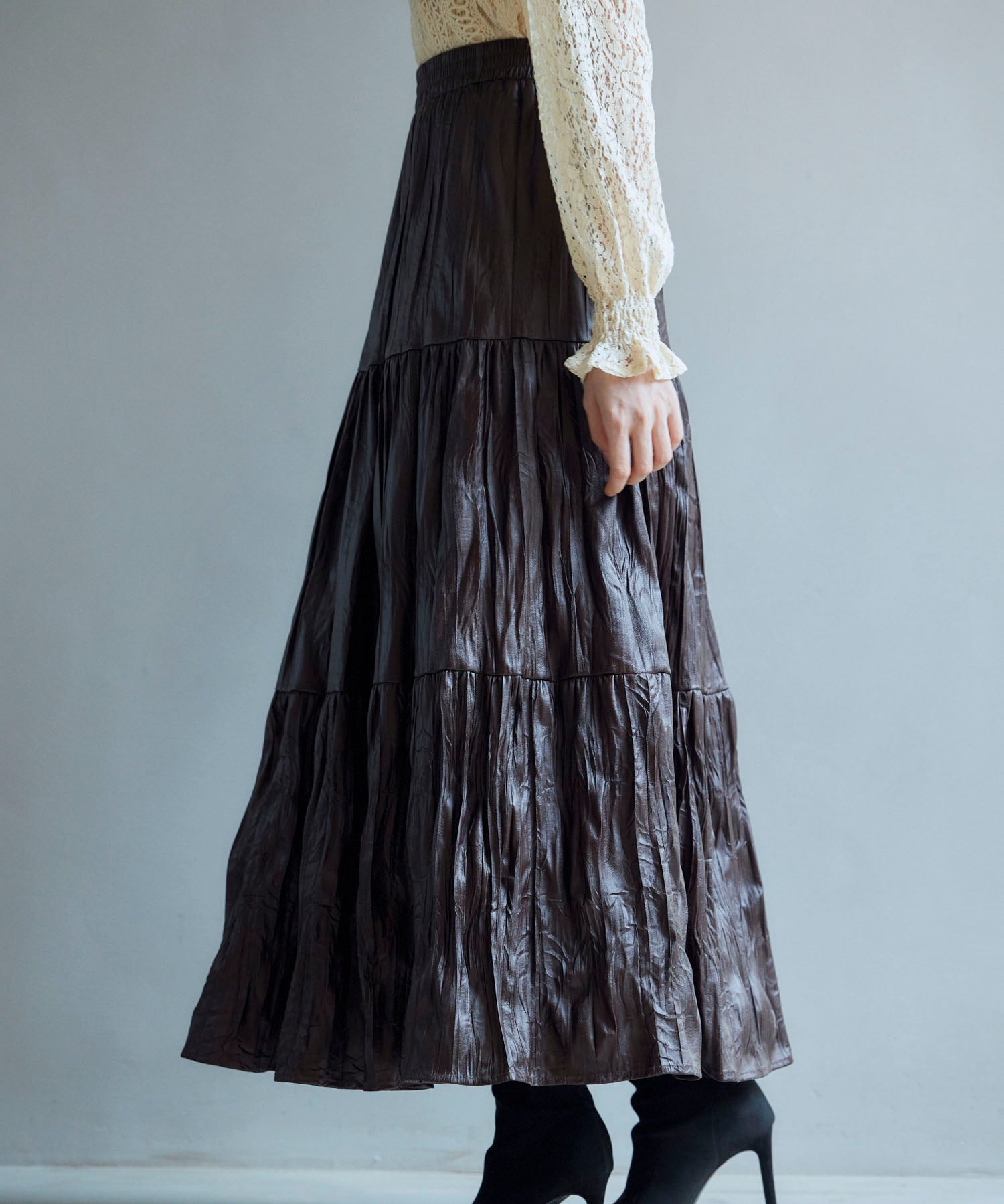 シワ加工合成皮革ロングスカートsdpxsj9901 ブラウン