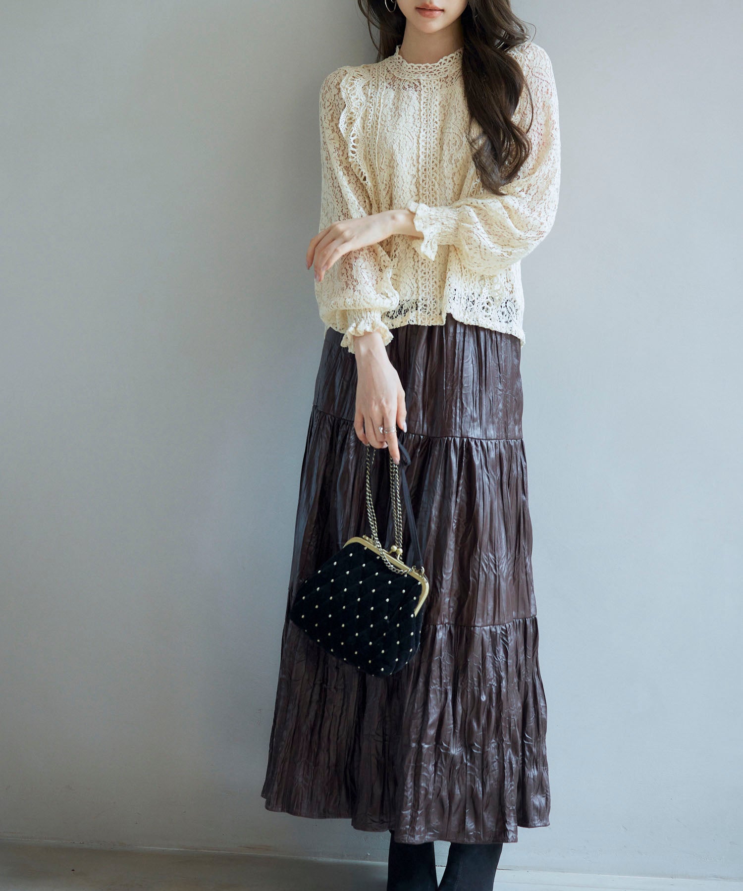 シワ加工合成皮革ロングスカートsdpxsj9901 ブラウン