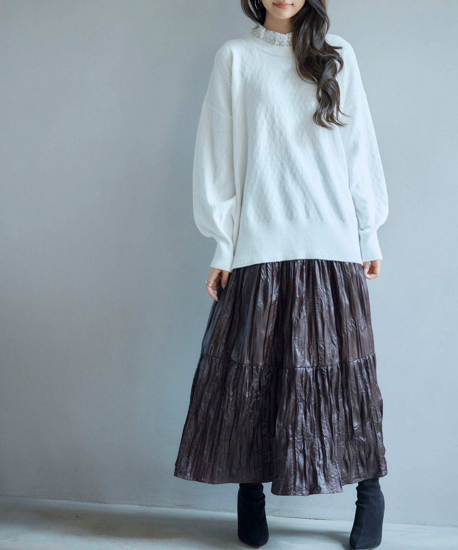 シワ加工合成皮革ロングスカートsdpxsj9901 ブラウン