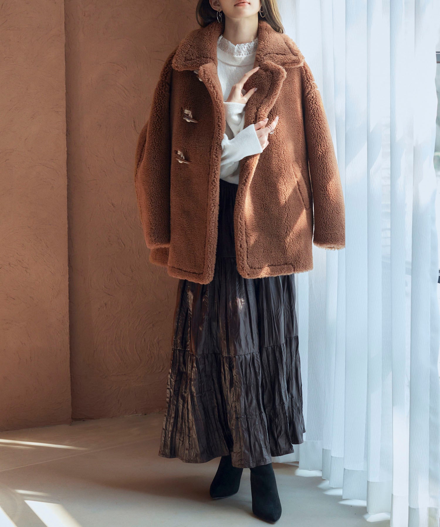 シワ加工合成皮革ロングスカートsdpxsj9901 ブラウン