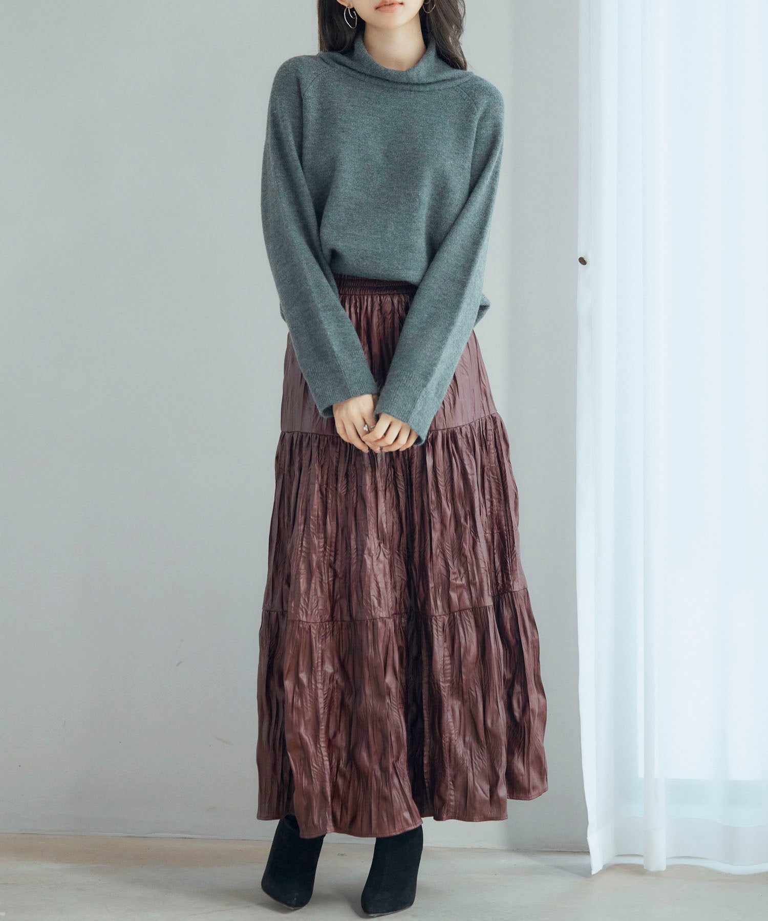シワ加工合成皮革ロングスカートsdpxsj9901 ワイン