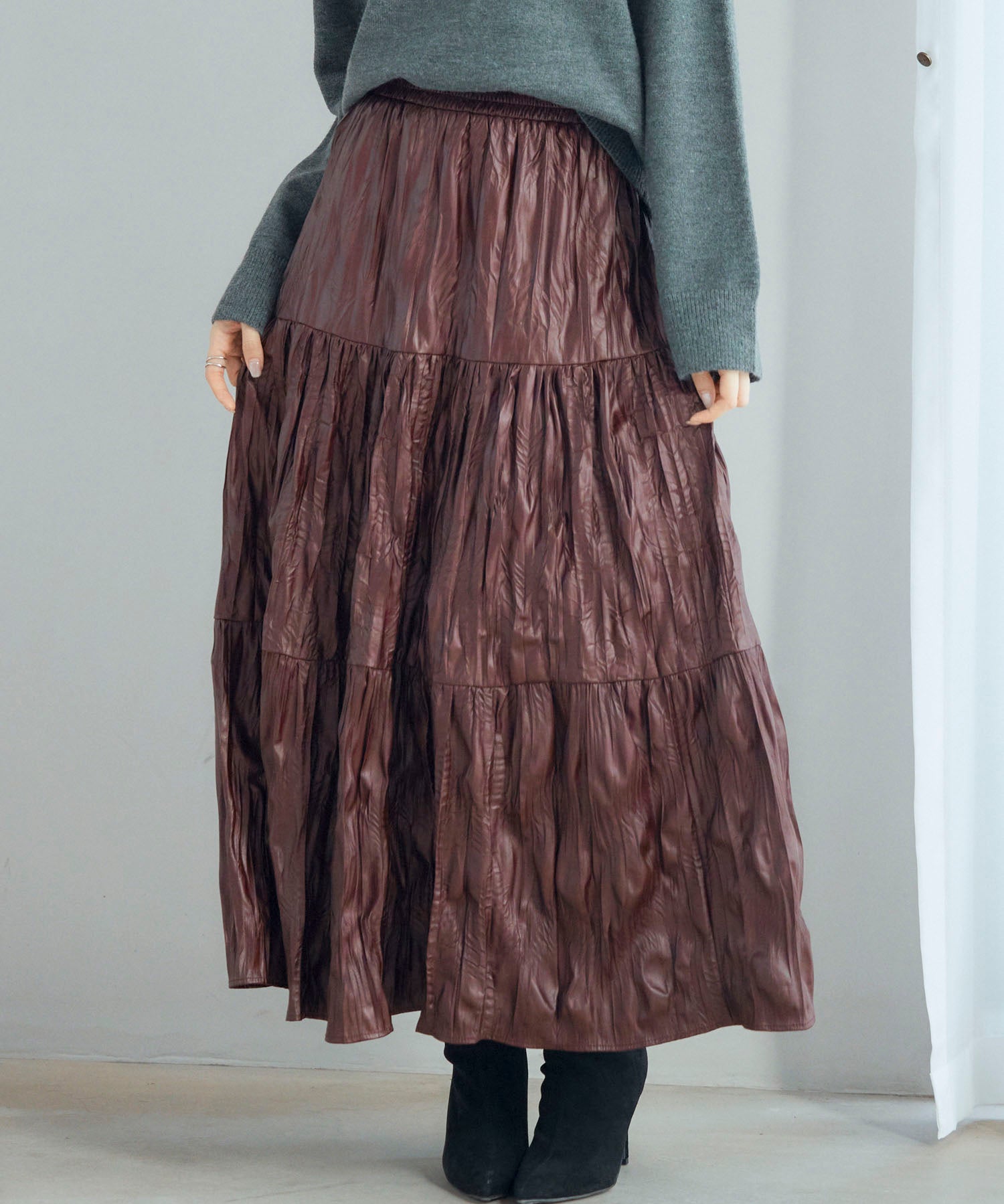 シワ加工合成皮革ロングスカートsdpxsj9901 ワイン