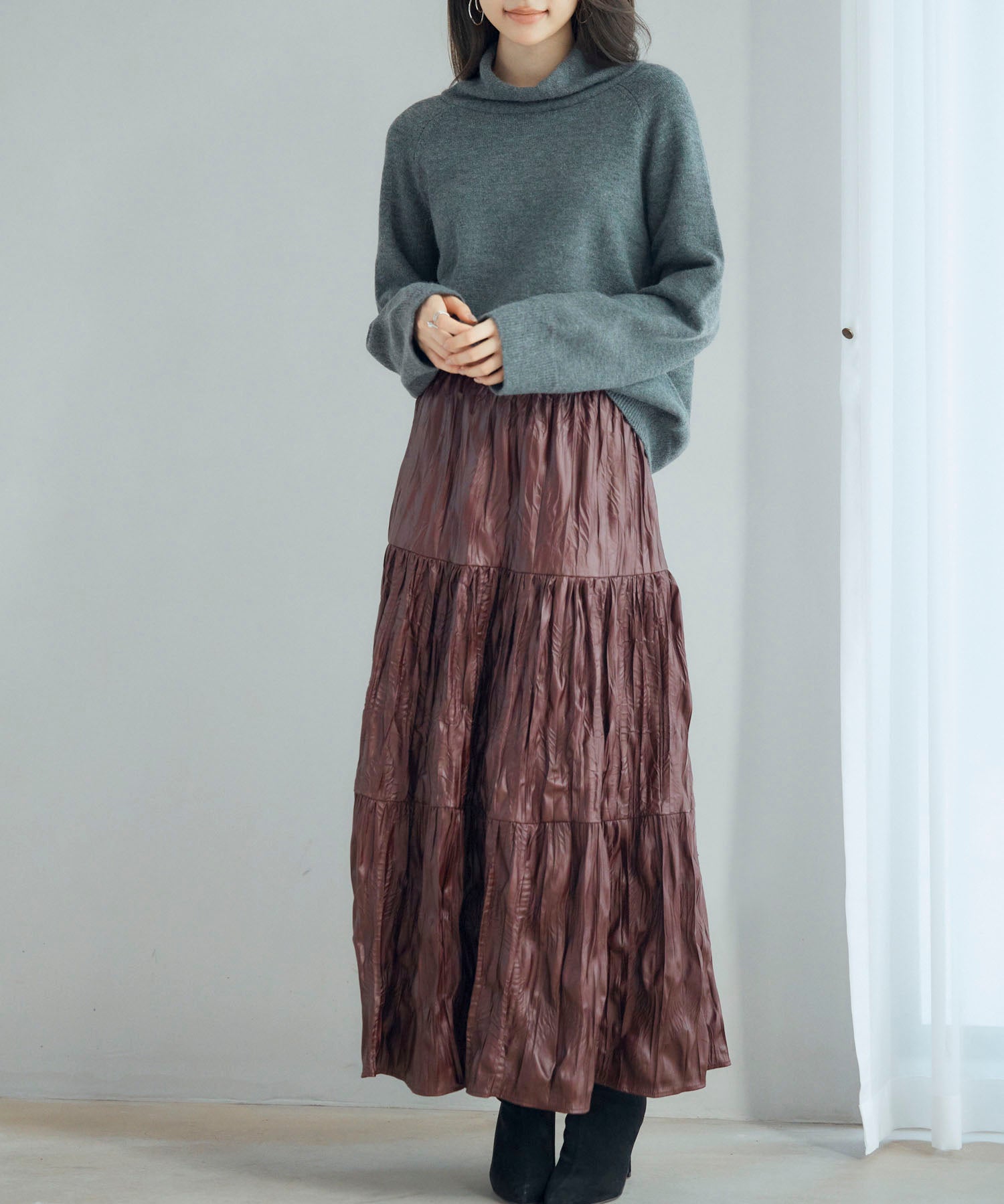 シワ加工合成皮革ロングスカートsdpxsj9901 ワイン
