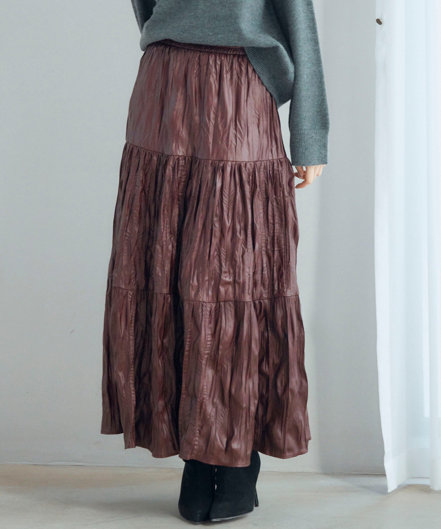 シワ加工合成皮革ロングスカートsdpxsj9901 ワイン