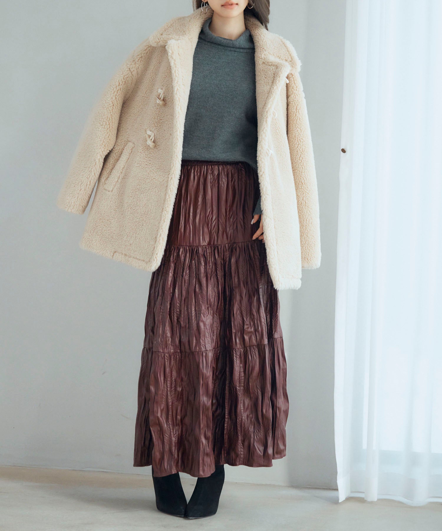 シワ加工合成皮革ロングスカートsdpxsj9901 ワイン