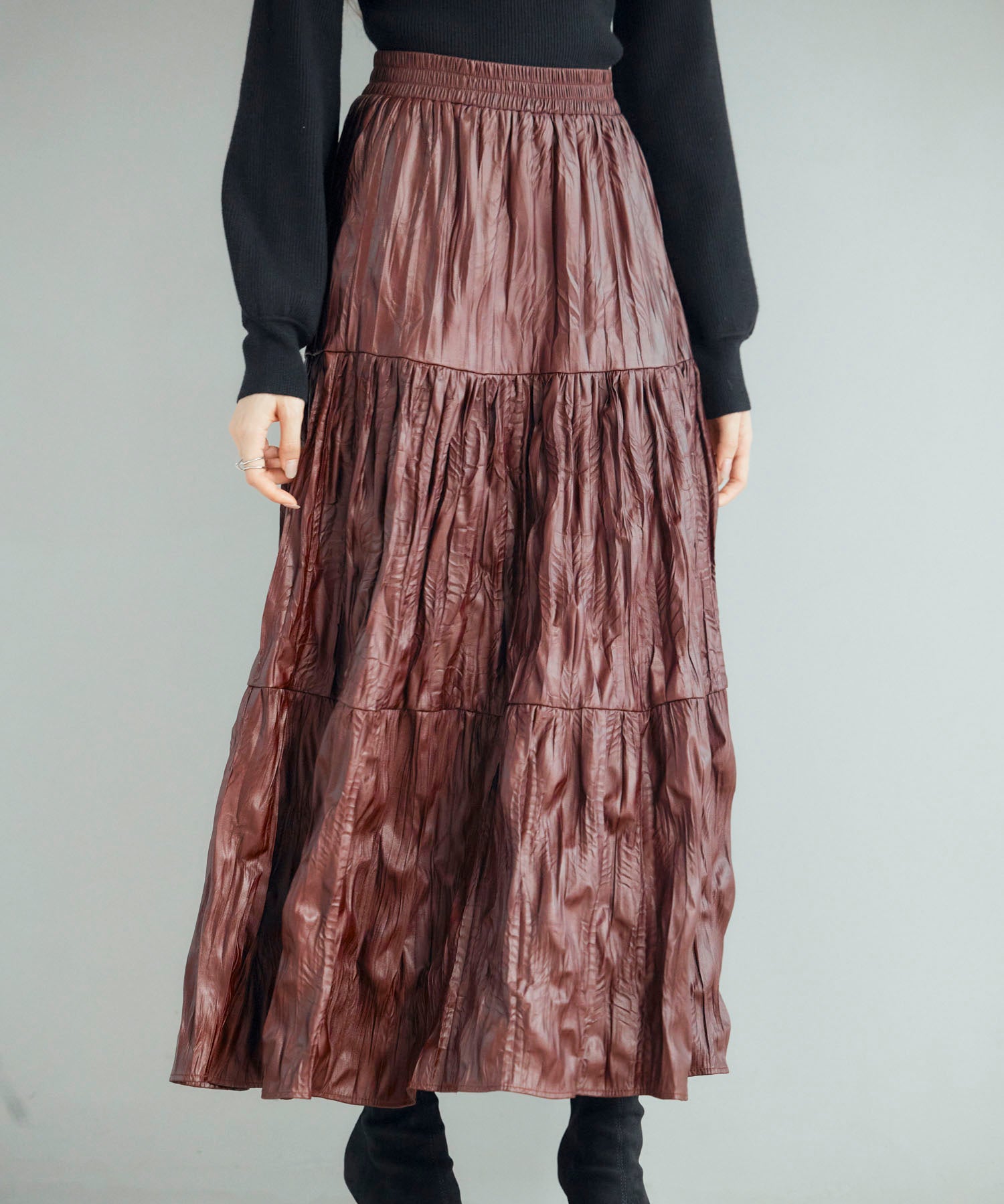 シワ加工合成皮革ロングスカートsdpxsj9901 ワイン