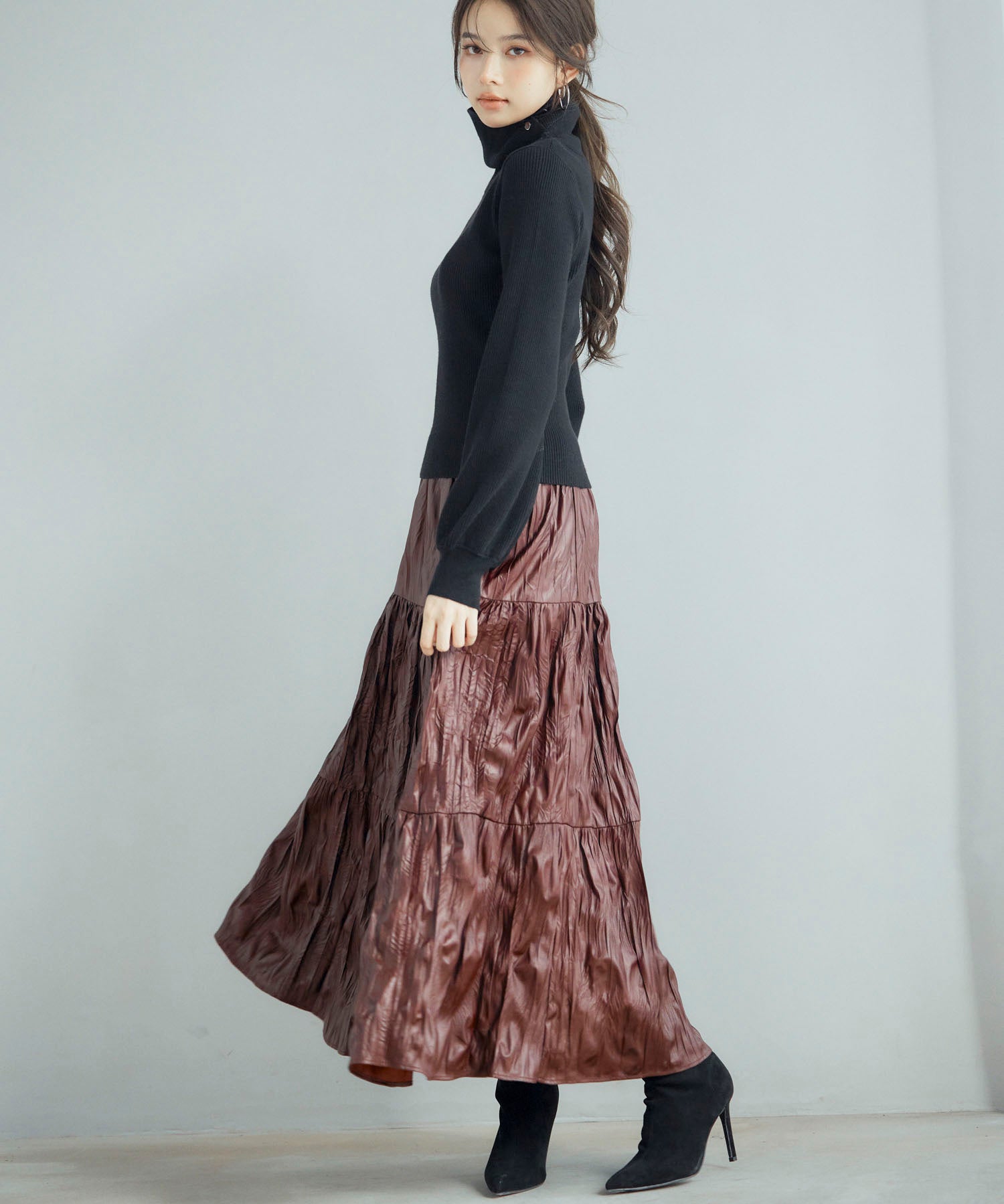 シワ加工合成皮革ロングスカートsdpxsj9901 ワイン