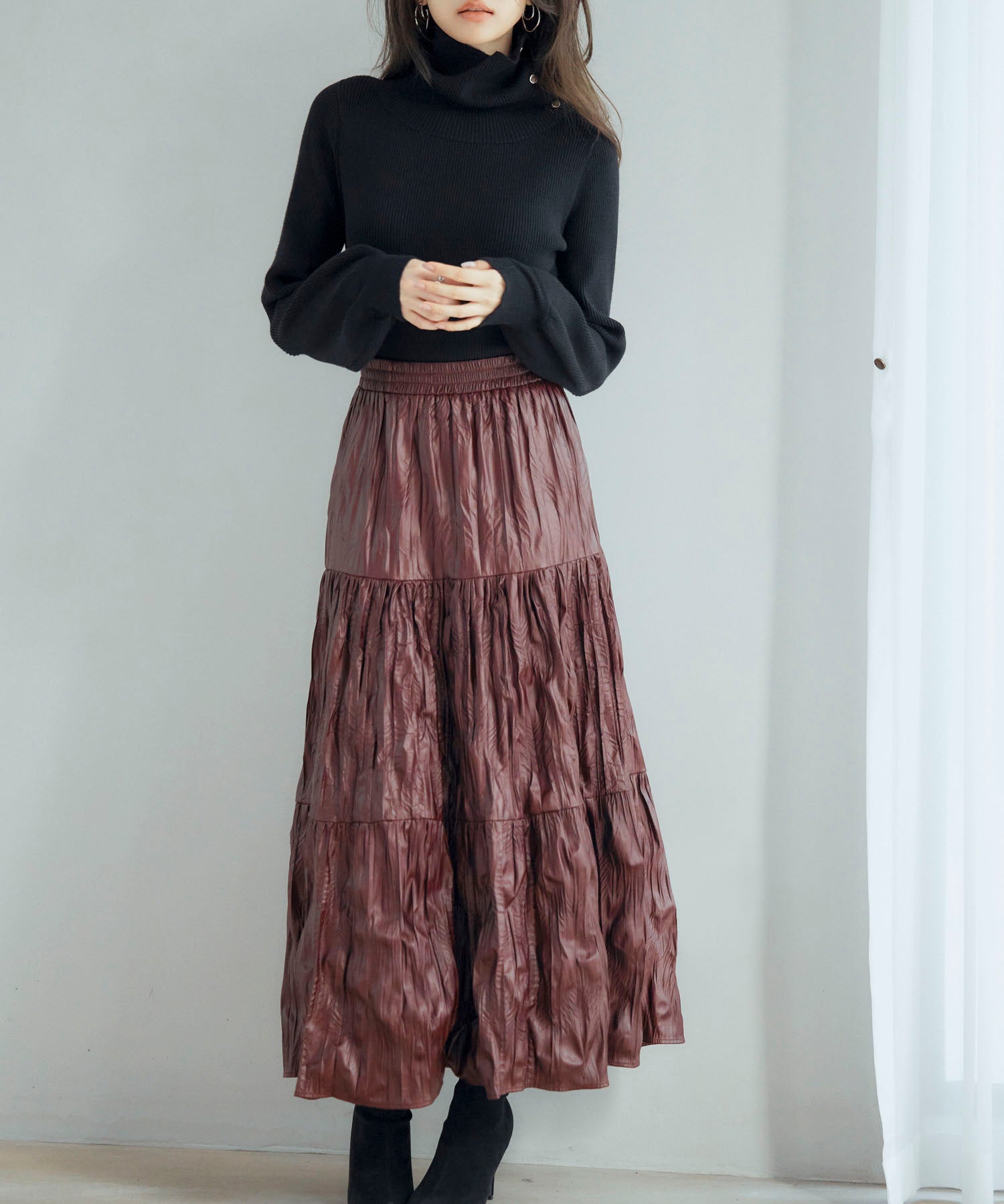 シワ加工合成皮革ロングスカートsdpxsj9901 ワイン
