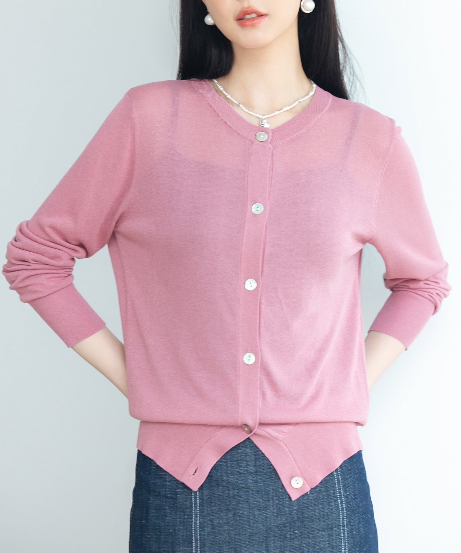 【接触冷感】クルーネックサマーニットカーディガンsdpxyf2081 ローズ