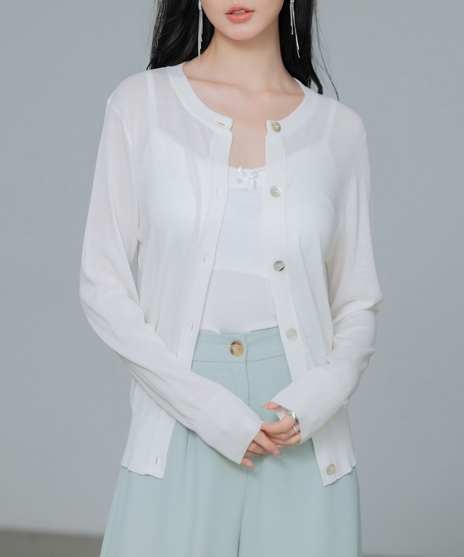 【接触冷感】クルーネックサマーニットカーディガンsdpxyf2081 ホワイト