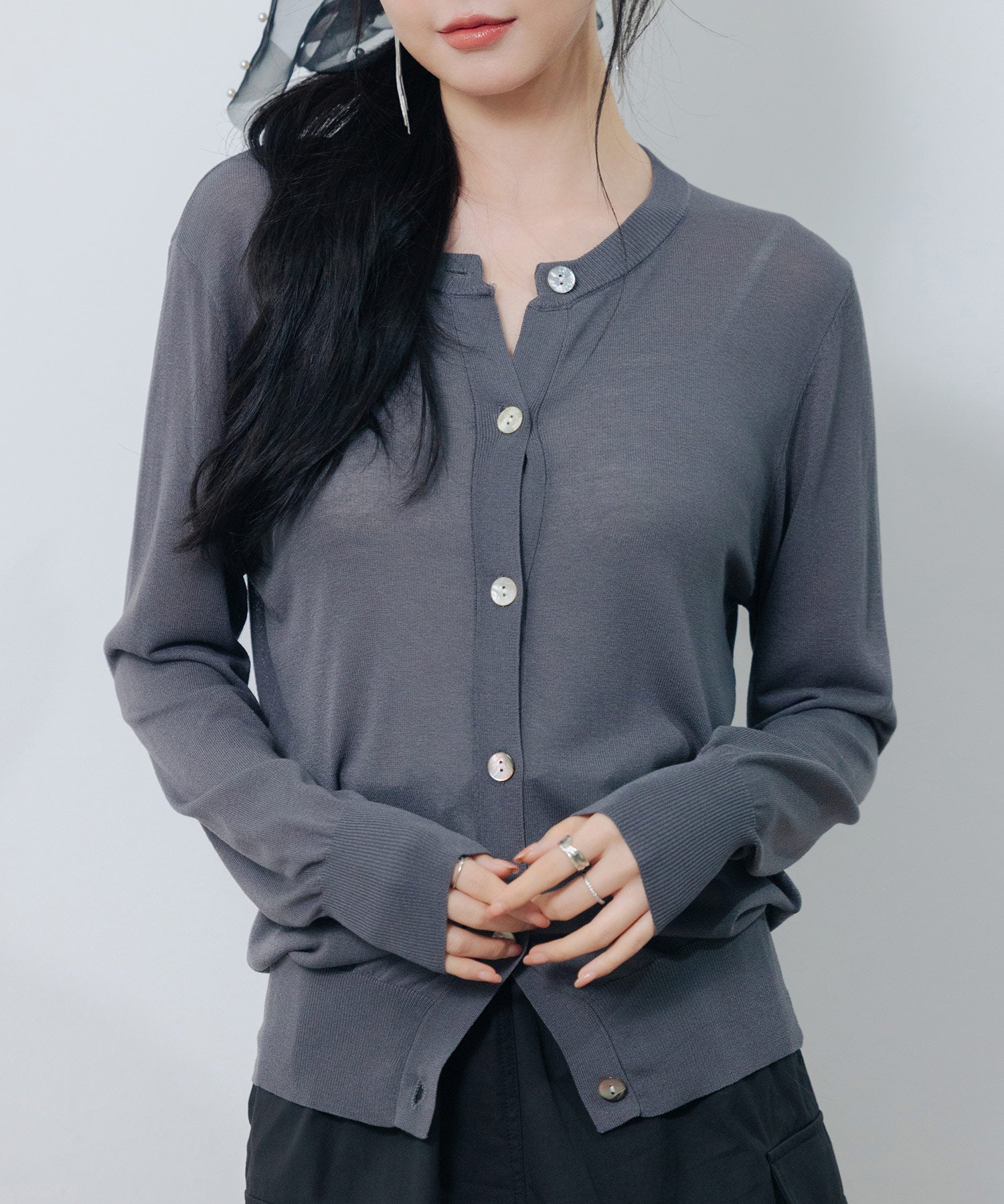 【接触冷感】クルーネックサマーニットカーディガンsdpxyf2081 チャコール