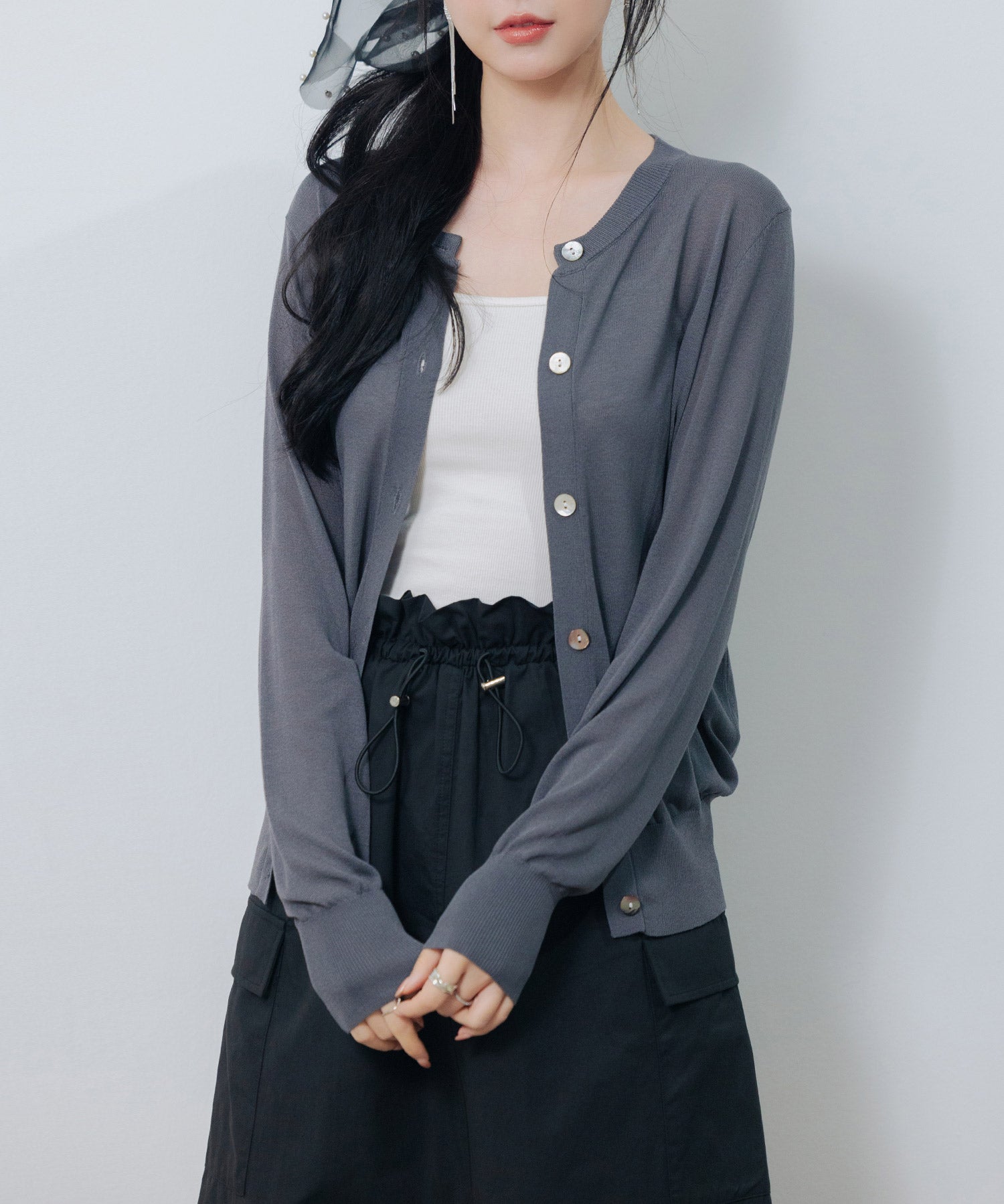 【接触冷感】クルーネックサマーニットカーディガンsdpxyf2081 チャコール