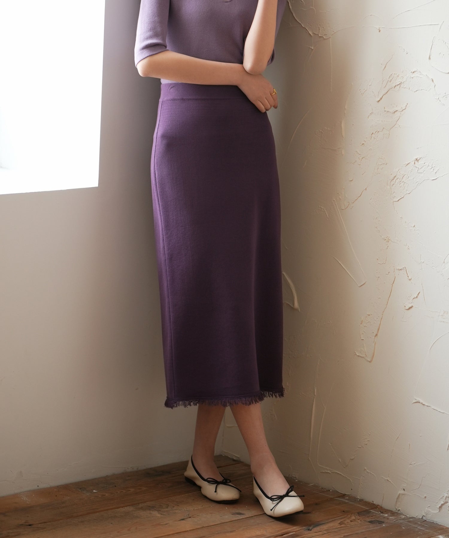 フリンジ裾ミモレ丈ニットスカートsdpxyf2803 パープル