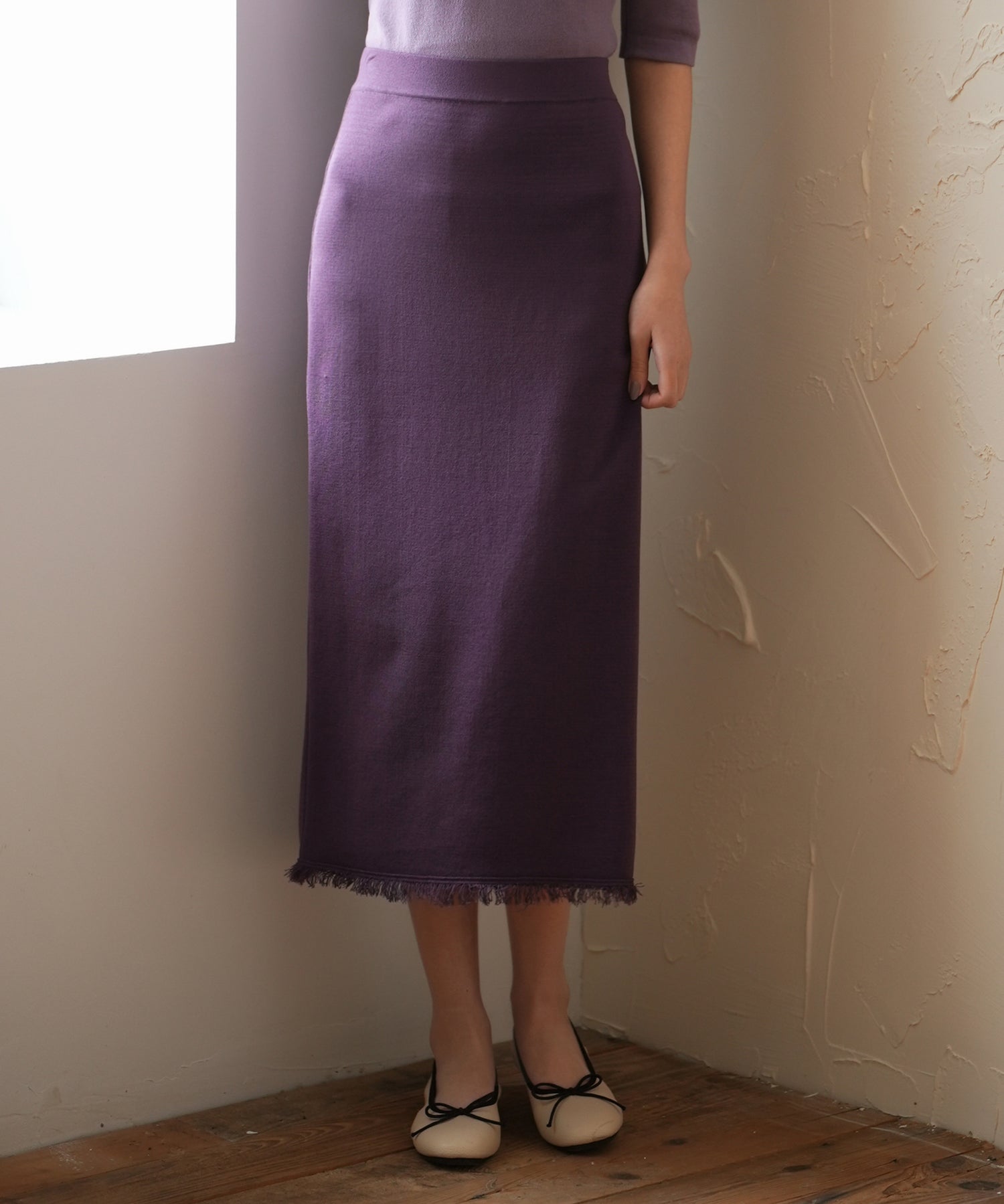 フリンジ裾ミモレ丈ニットスカートsdpxyf2803 パープル