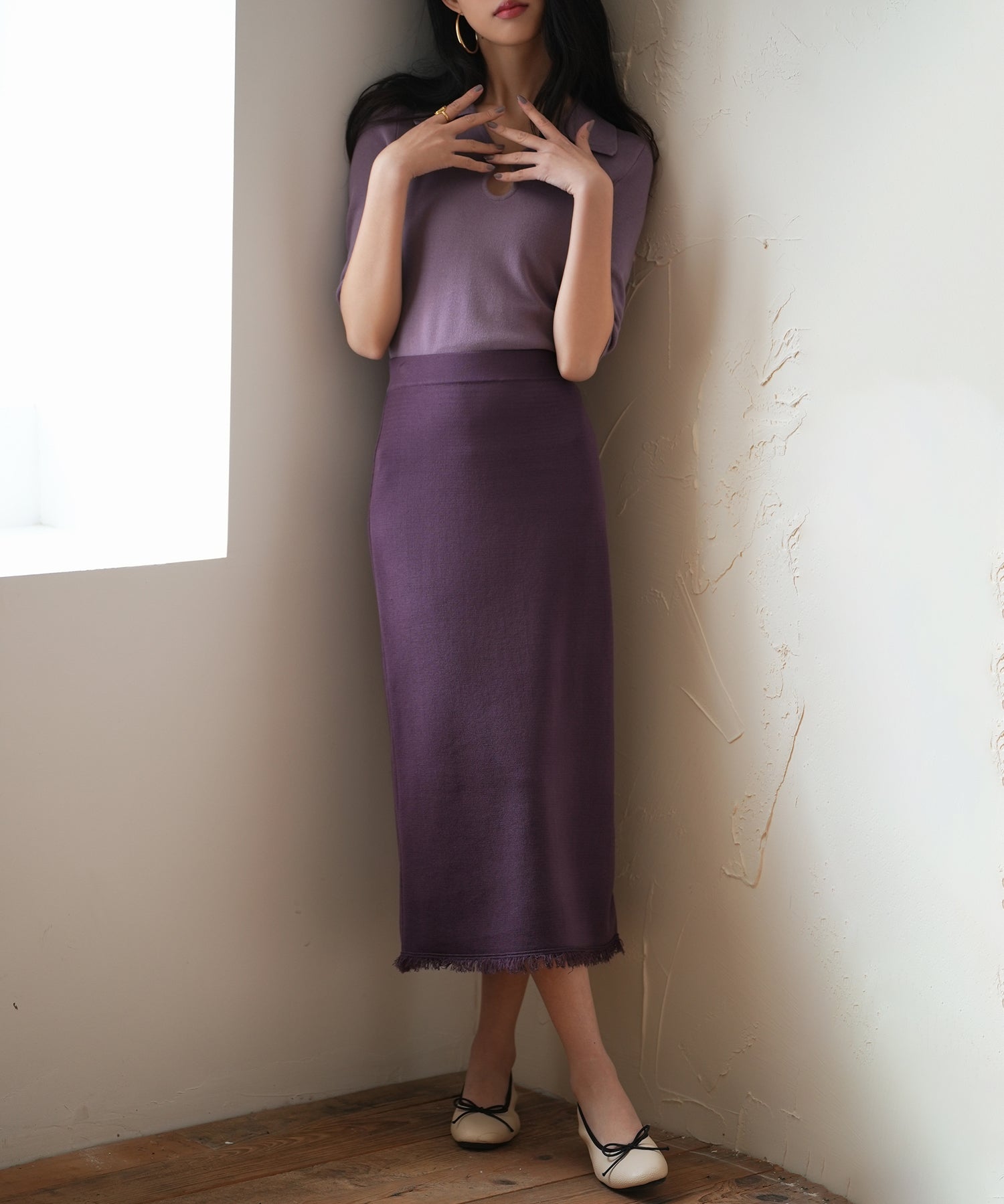フリンジ裾ミモレ丈ニットスカートsdpxyf2803 パープル
